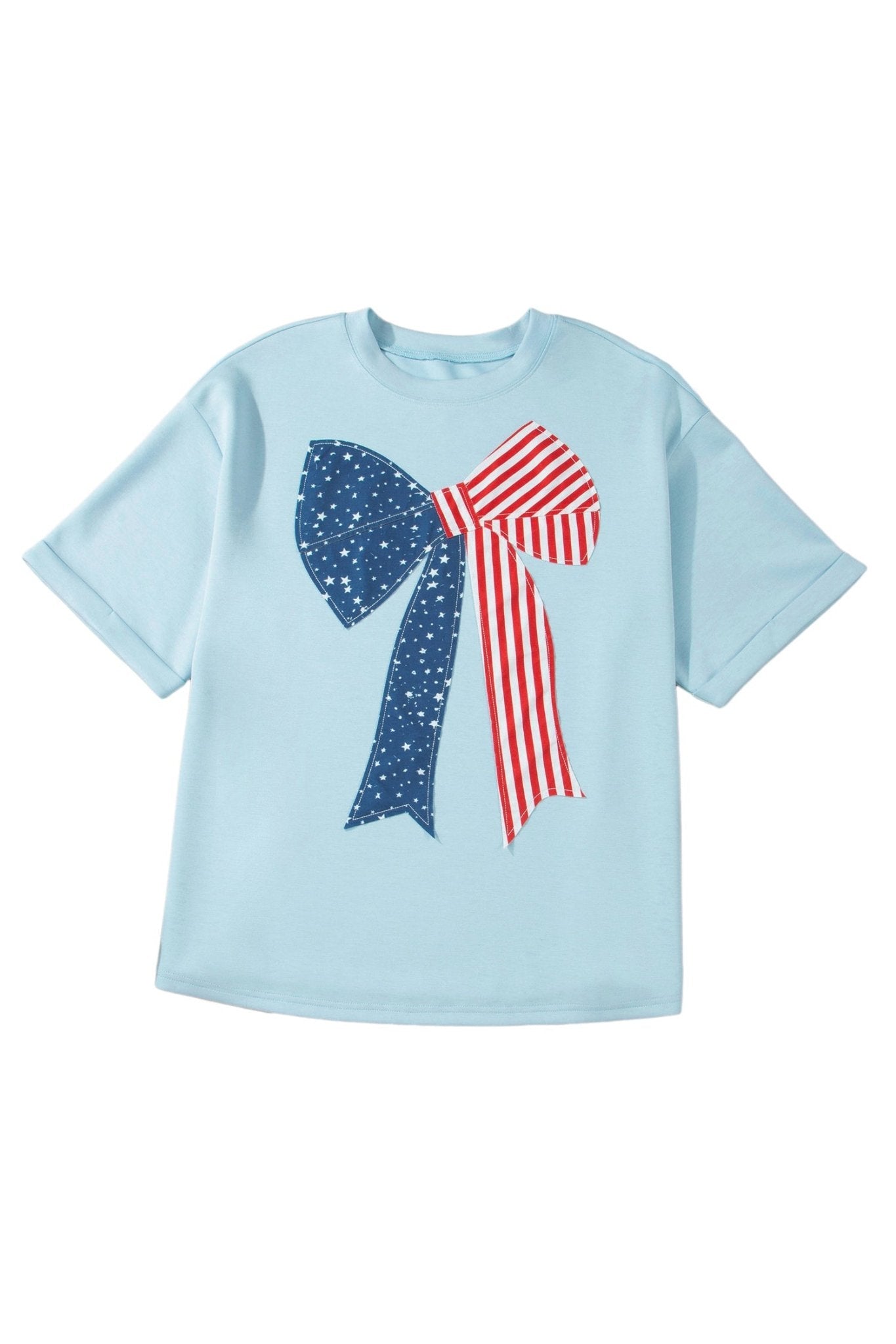 Plus Size Patriotic Stars & Stripes Bow Patchwork T-Shirt - Rooted & Reckless Co.