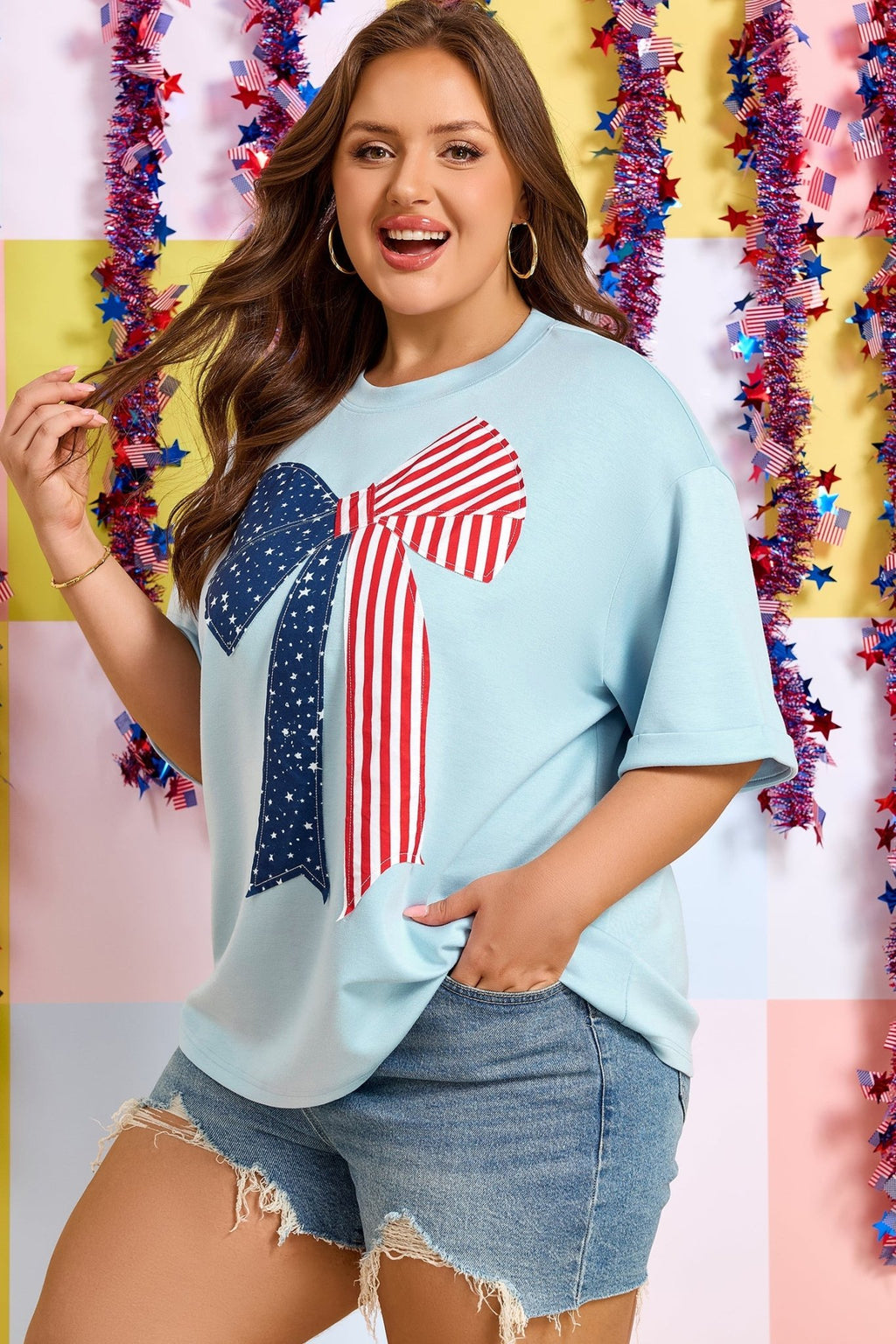 Plus Size Patriotic Stars & Stripes Bow Patchwork T-Shirt - Rooted & Reckless Co.