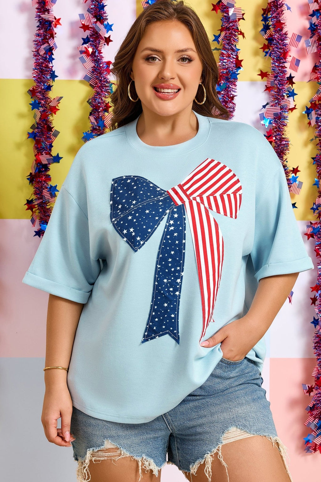 Plus Size Patriotic Stars & Stripes Bow Patchwork T-Shirt - Rooted & Reckless Co.