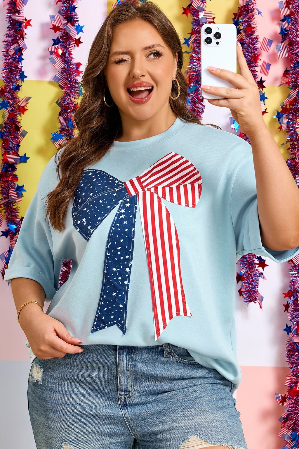 Plus Size Patriotic Stars & Stripes Bow Patchwork T-Shirt - Rooted & Reckless Co.