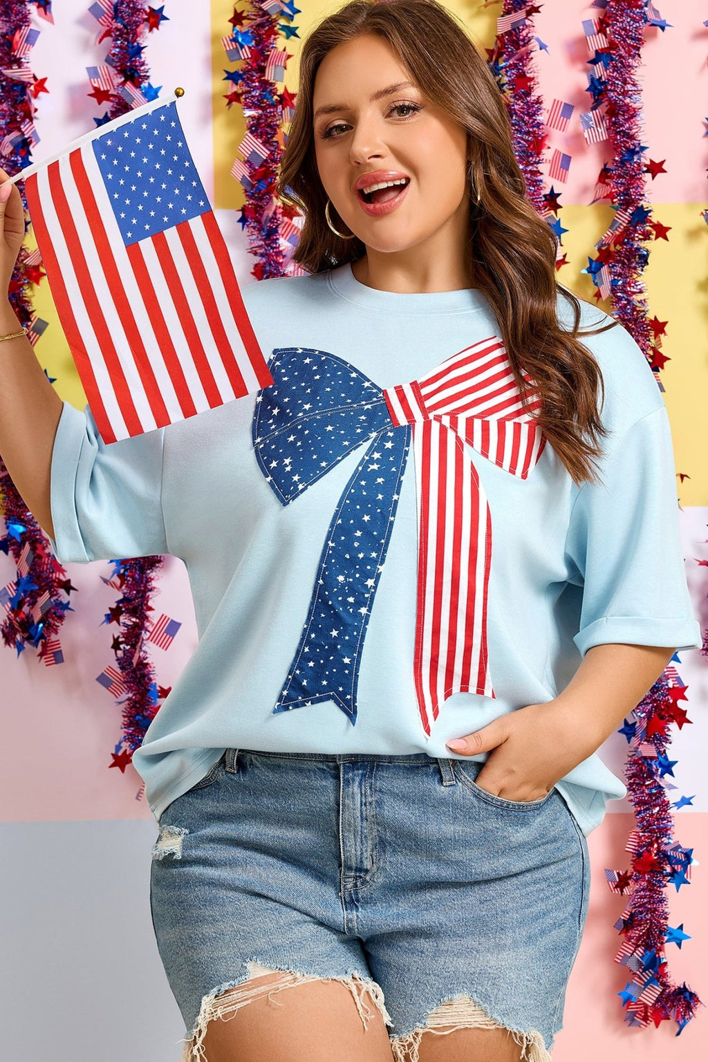 Plus Size Patriotic Stars & Stripes Bow Patchwork T-Shirt - Rooted & Reckless Co.