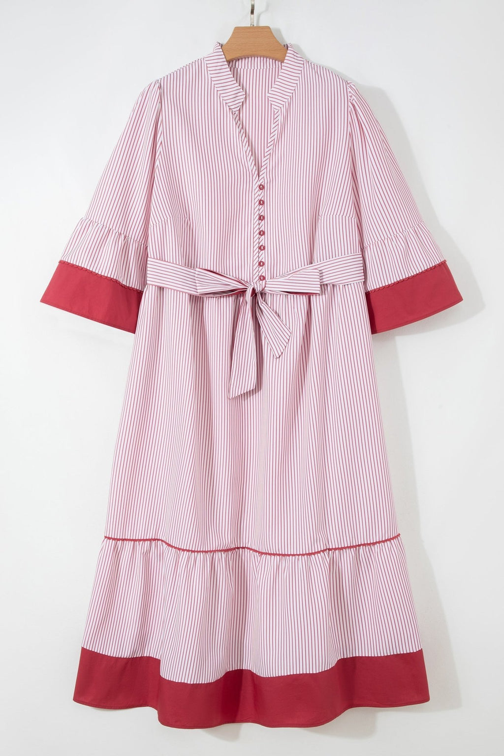 Plus Size Pinstripe Ruffle Hem Midi Dress - Rooted & Reckless Co.