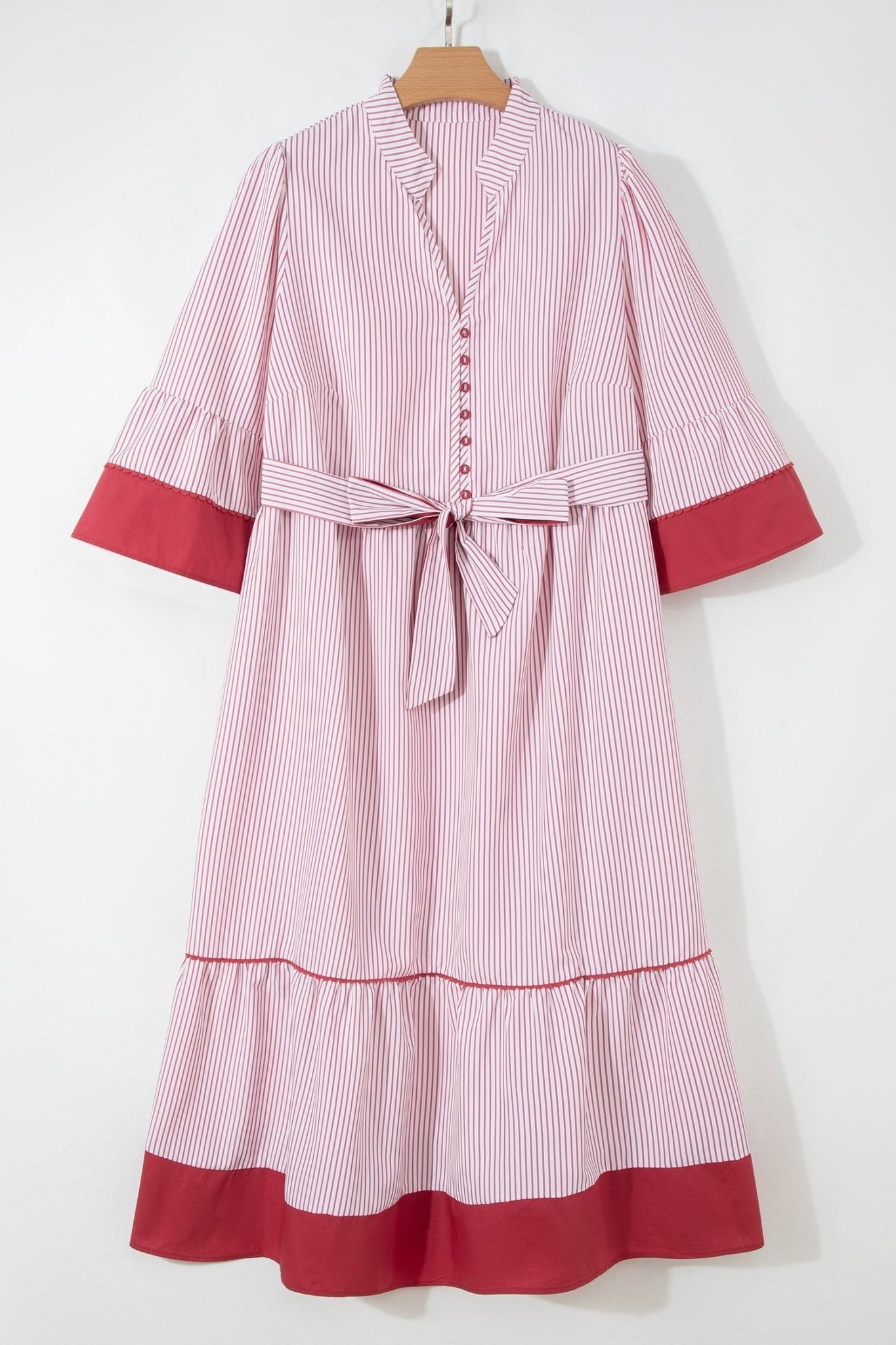 Plus Size Pinstripe Ruffle Hem Midi Dress - Rooted & Reckless Co.