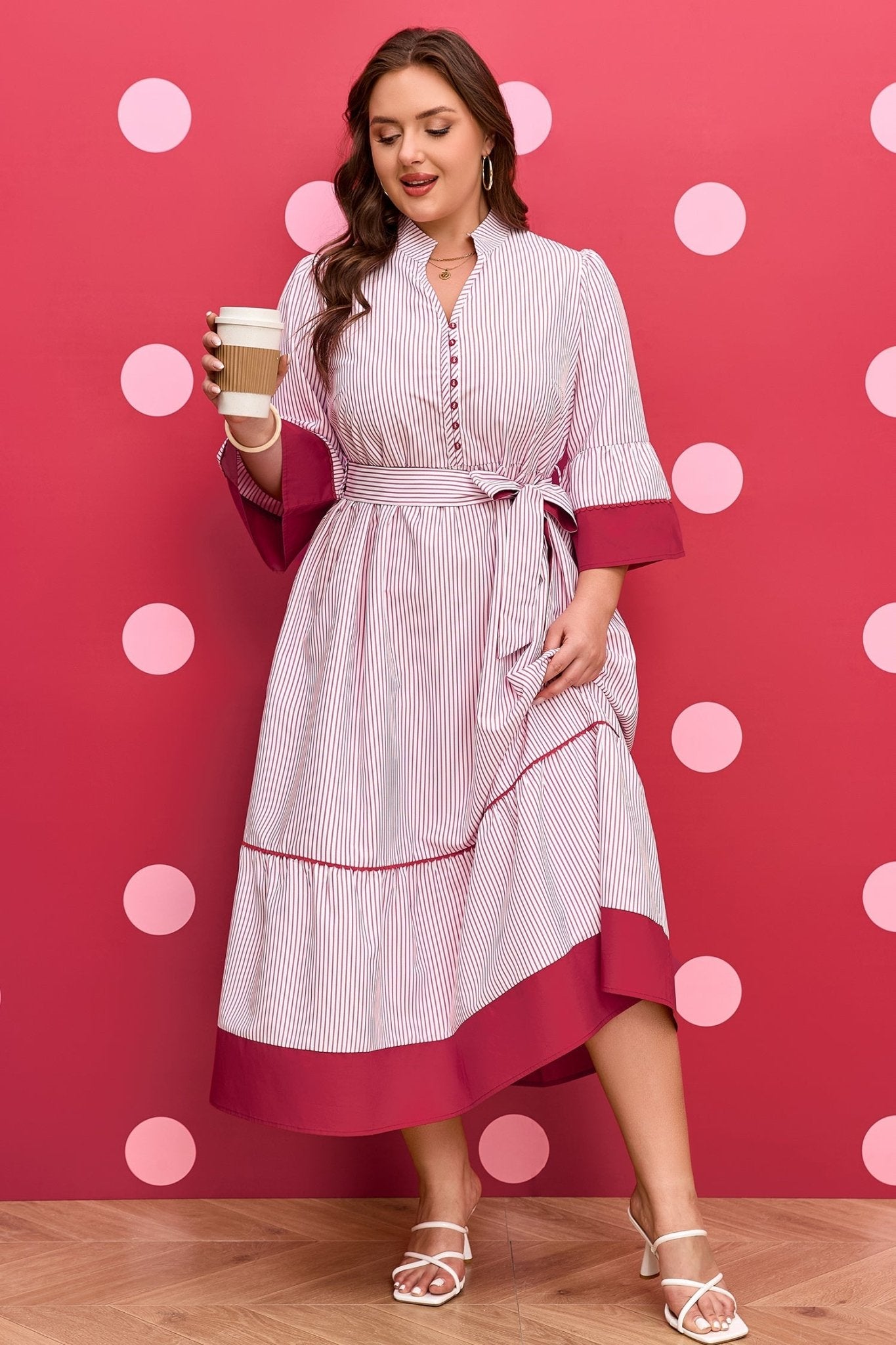 Plus Size Pinstripe Ruffle Hem Midi Dress - Rooted & Reckless Co.