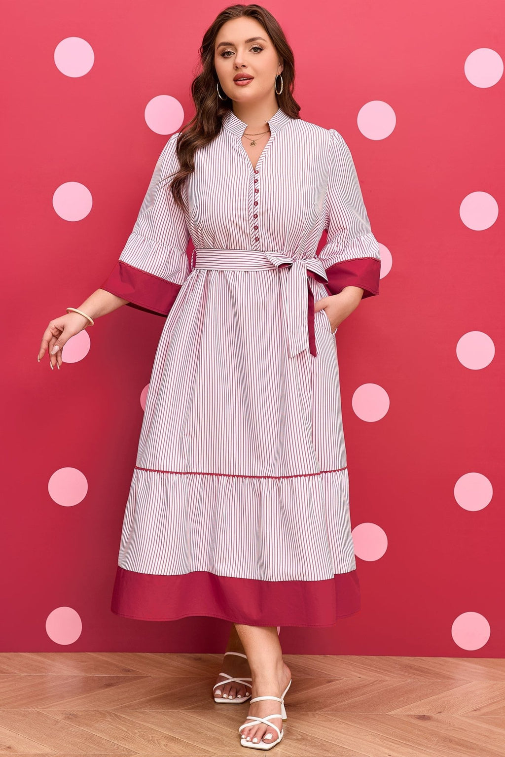 Plus Size Pinstripe Ruffle Hem Midi Dress - Rooted & Reckless Co.