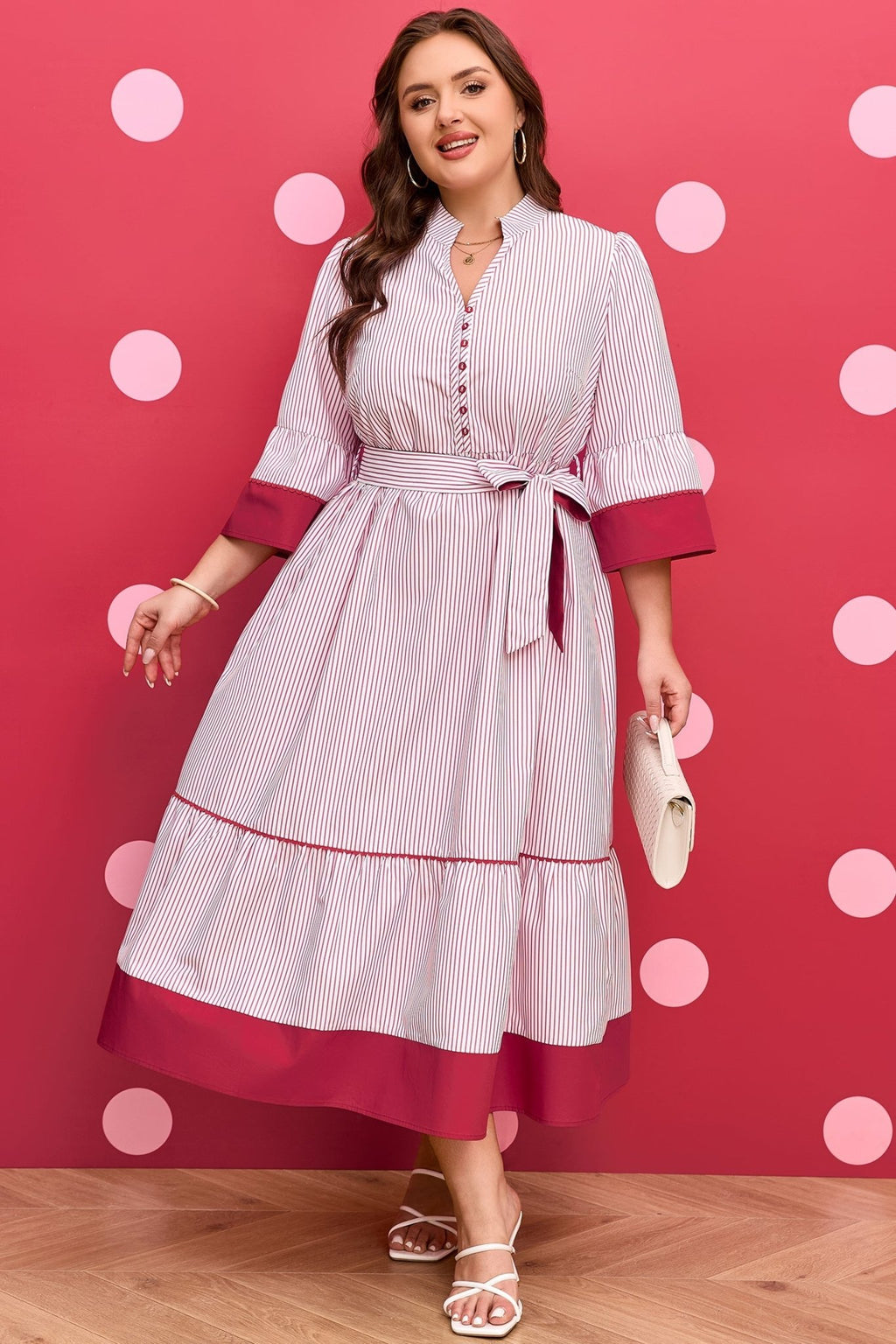 Plus Size Pinstripe Ruffle Hem Midi Dress - Rooted & Reckless Co.
