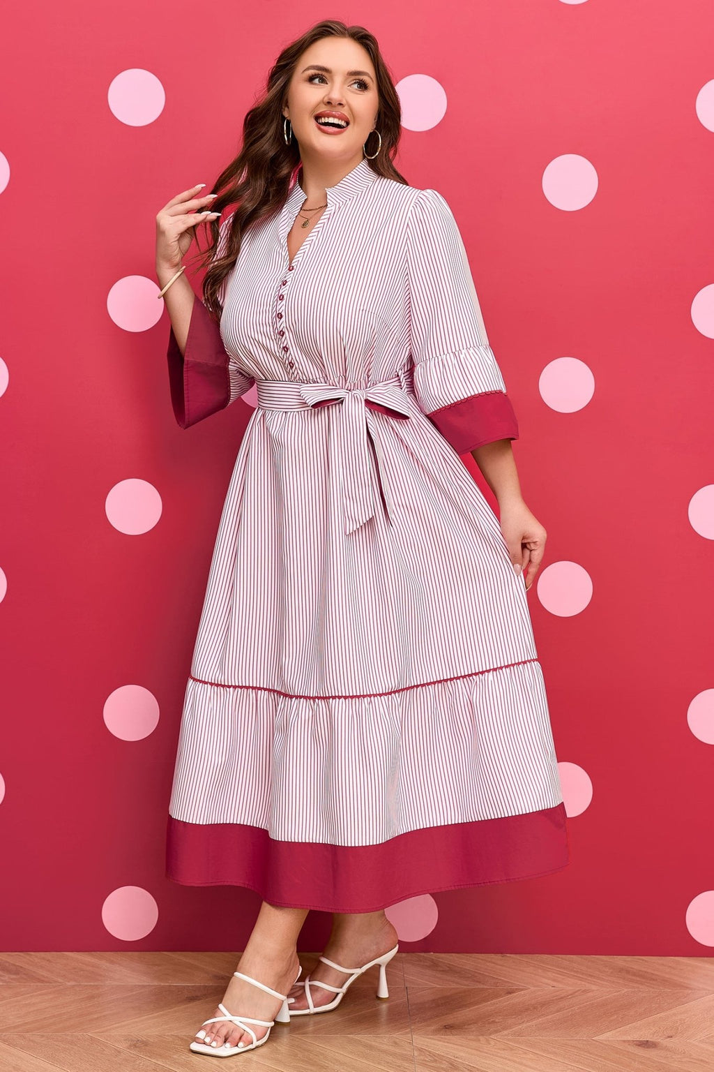 Plus Size Pinstripe Ruffle Hem Midi Dress - Rooted & Reckless Co.