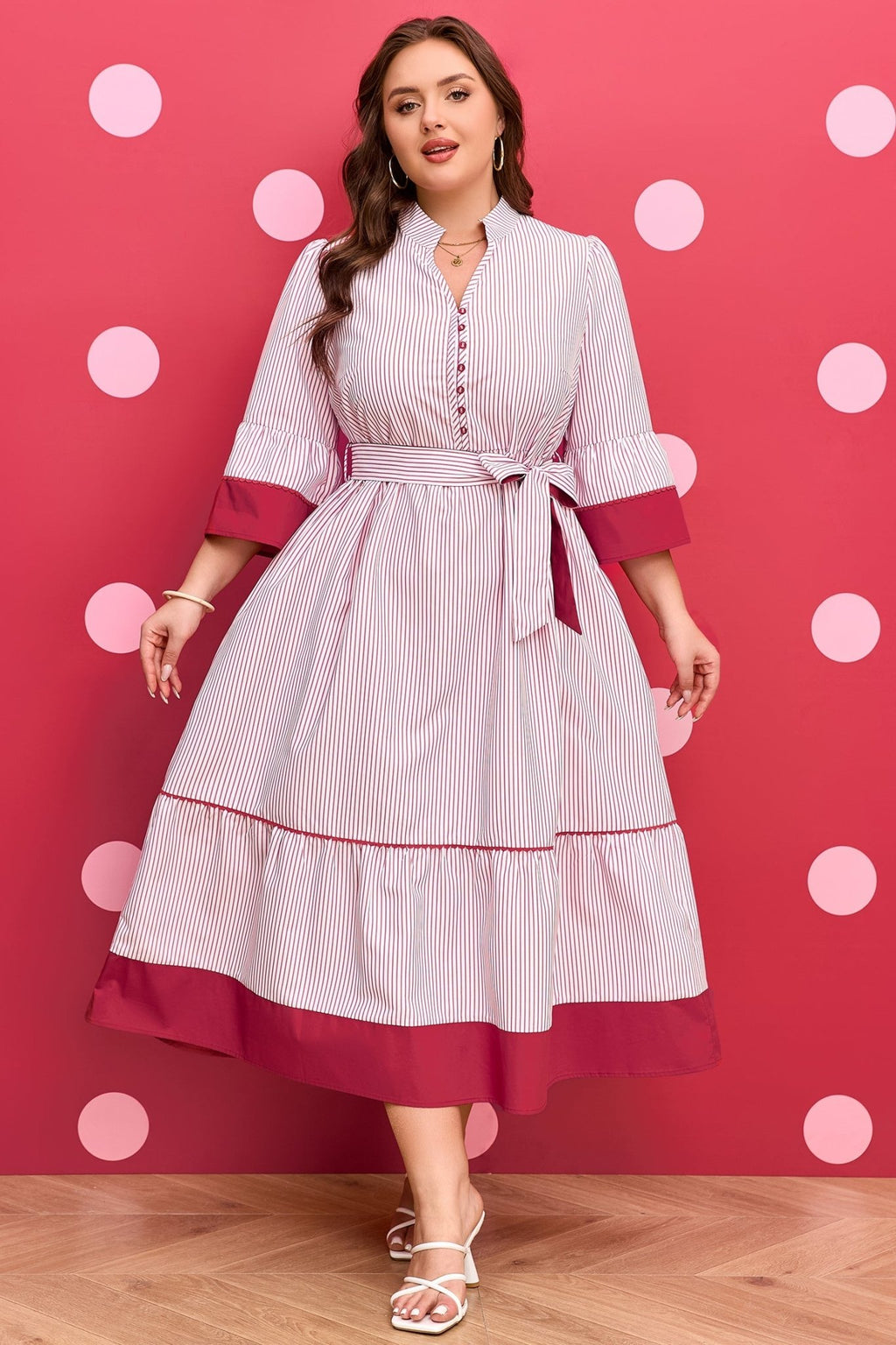 Plus Size Pinstripe Ruffle Hem Midi Dress - Rooted & Reckless Co.