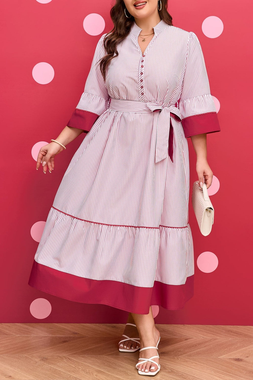 Plus Size Pinstripe Ruffle Hem Midi Dress - Rooted & Reckless Co.