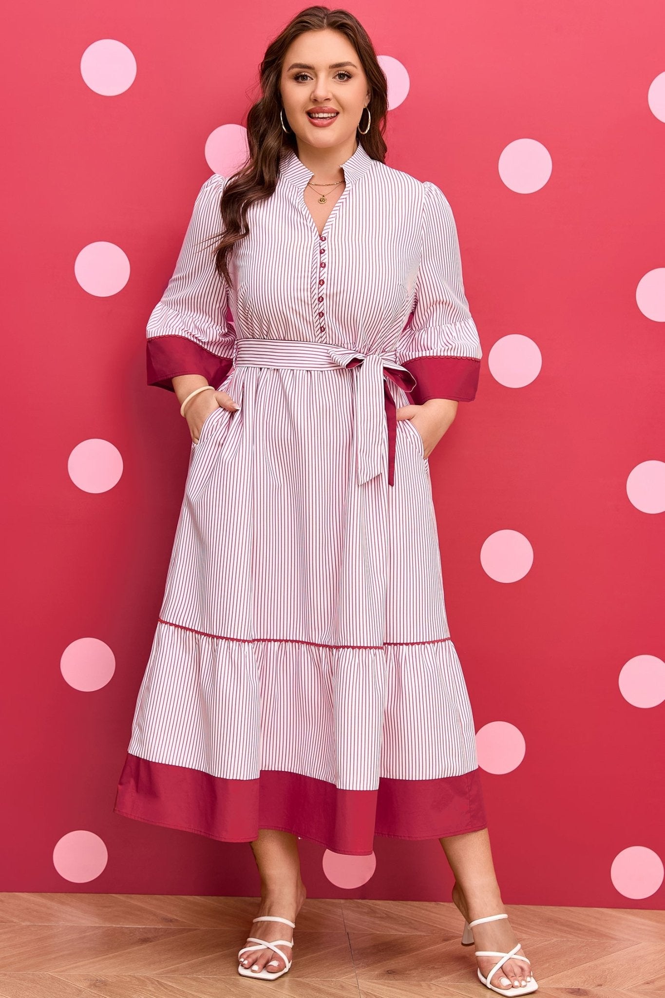Plus Size Pinstripe Ruffle Hem Midi Dress - Rooted & Reckless Co.