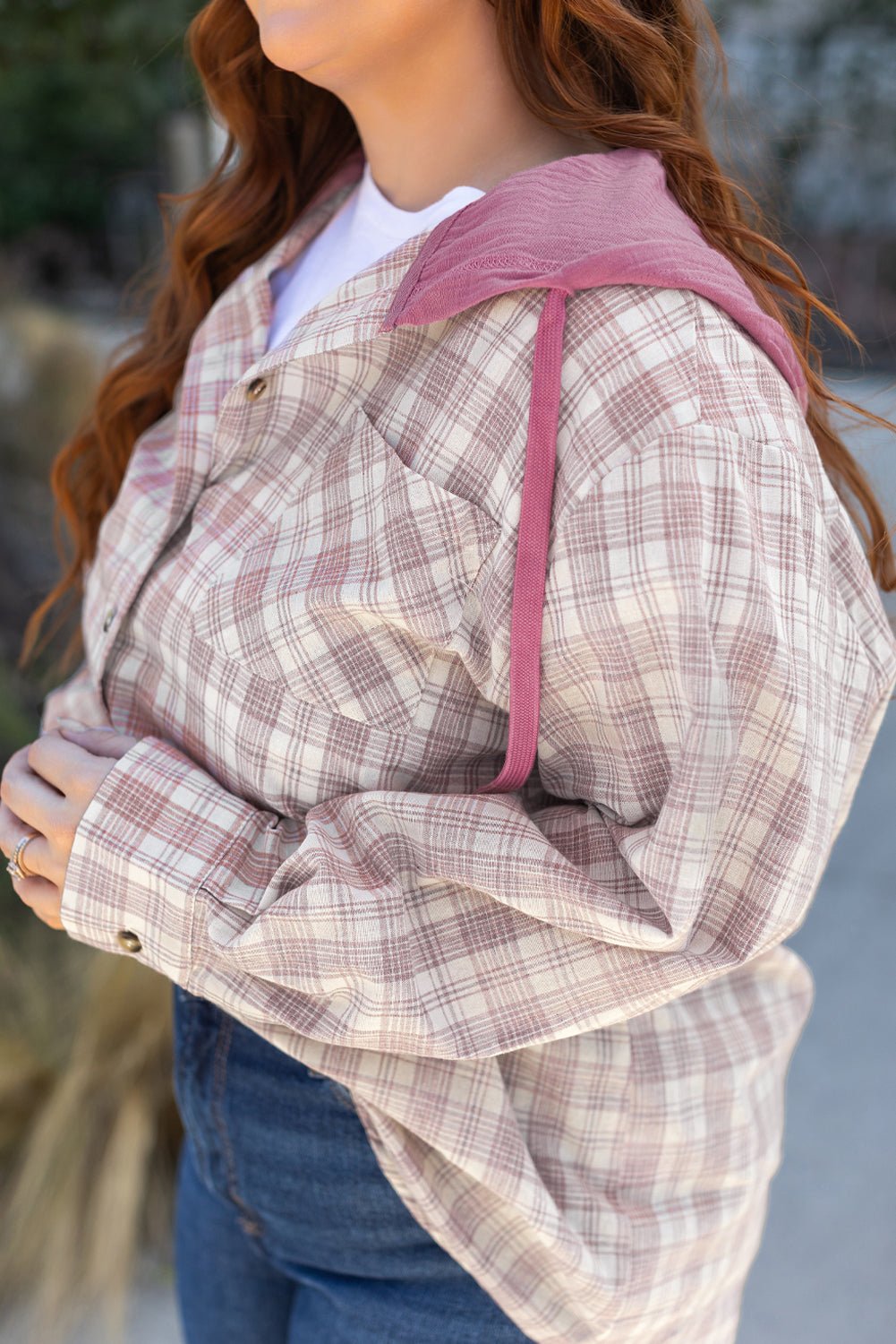 Plus Size Plaid Button-Up Chest Pocket Hooded Shirt - Rooted & Reckless Co.