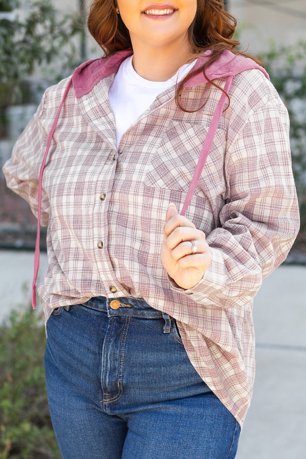 Plus Size Plaid Button-Up Chest Pocket Hooded Shirt - Rooted & Reckless Co.