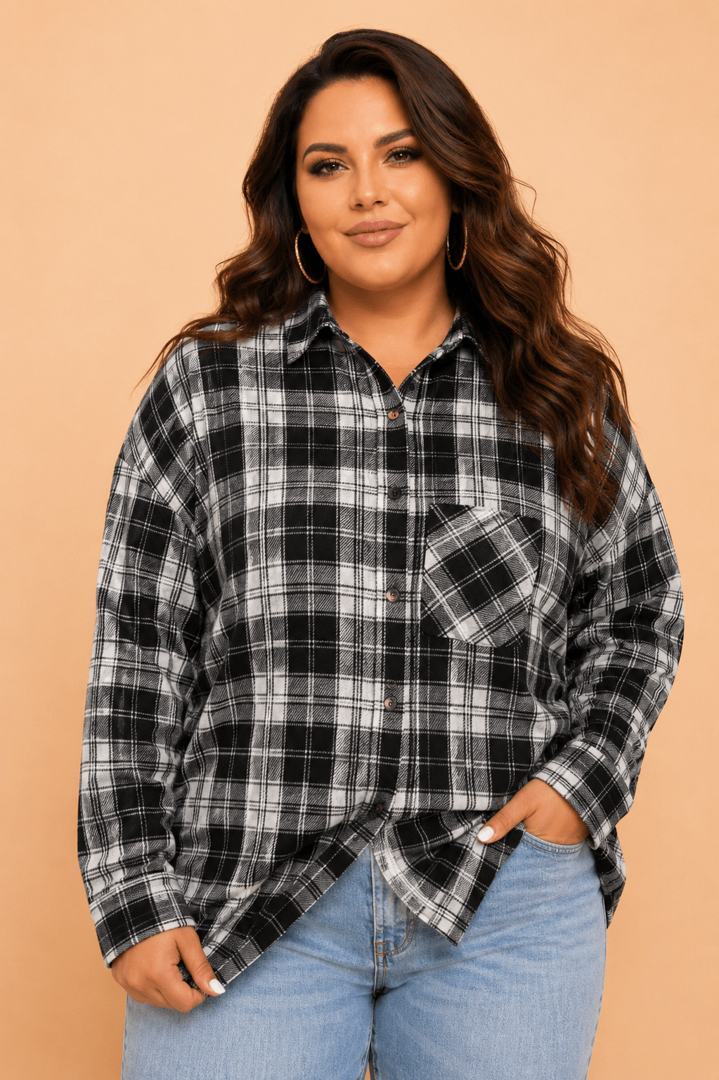 Plus Size Plaid Chest Pocket Long Sleeve Shacket - Rooted & Reckless Co.