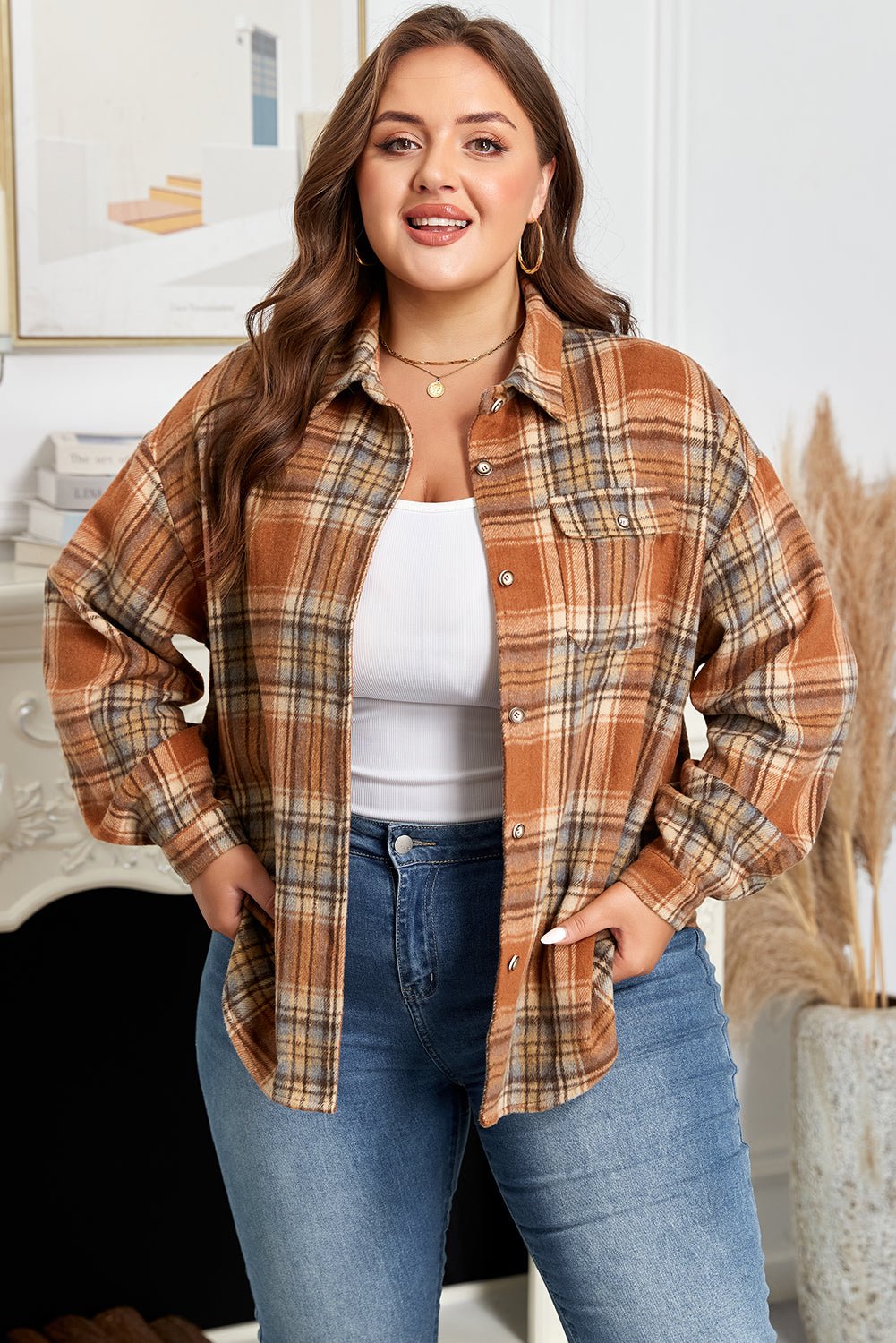Plus Size Plaid Flap Pocket Button-Up Shacket - Rooted & Reckless Co.