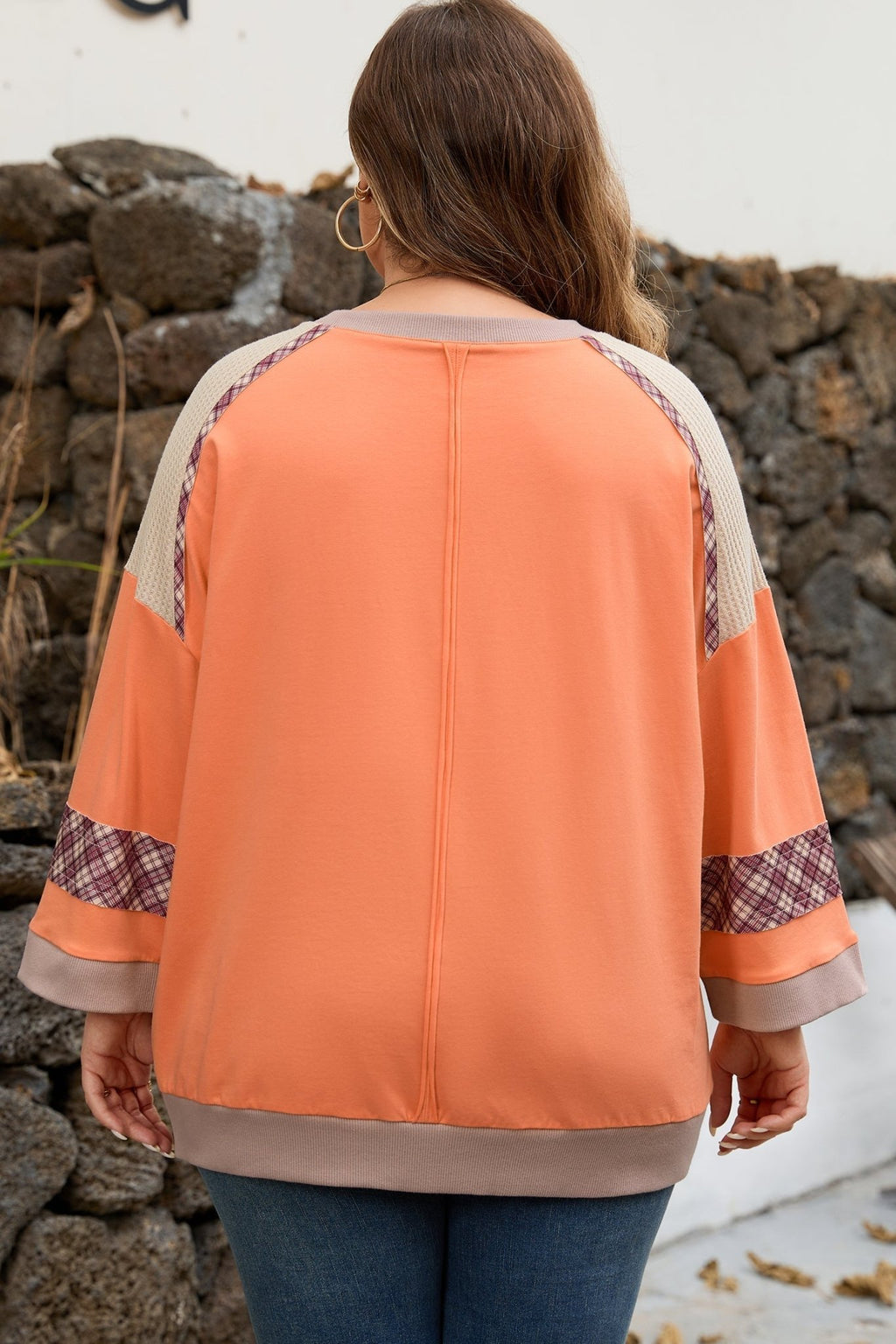 Plus Size Plaid Flower Patchwork 3/4 Sleeve Top - Rooted & Reckless Co.