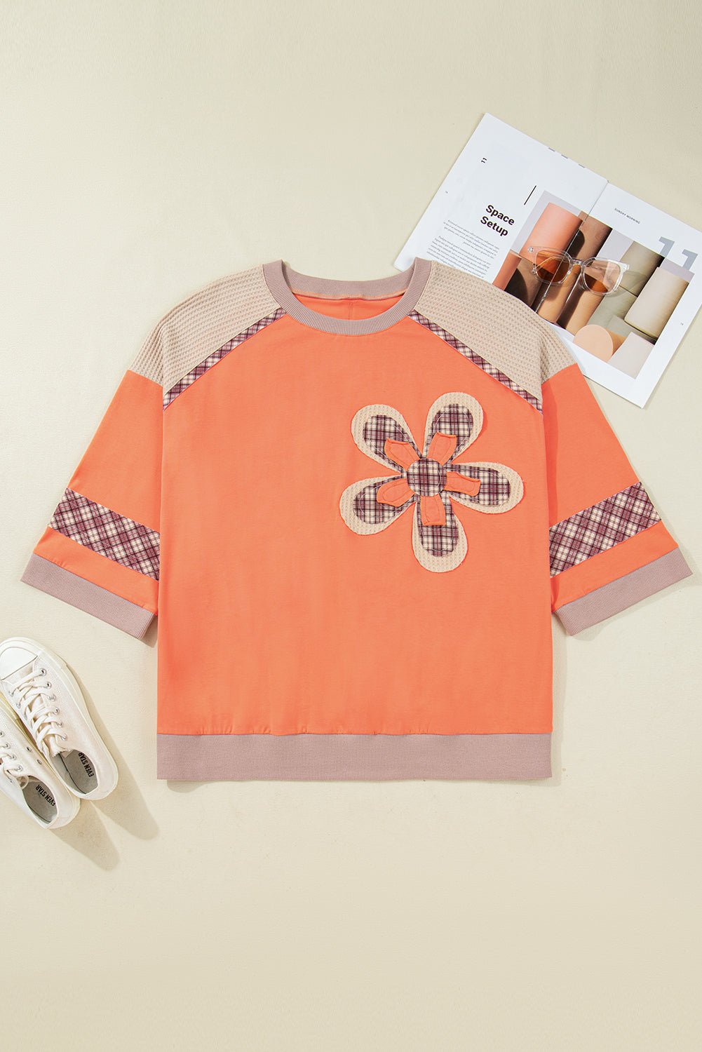 Plus Size Plaid Flower Patchwork 3/4 Sleeve Top - Rooted & Reckless Co.