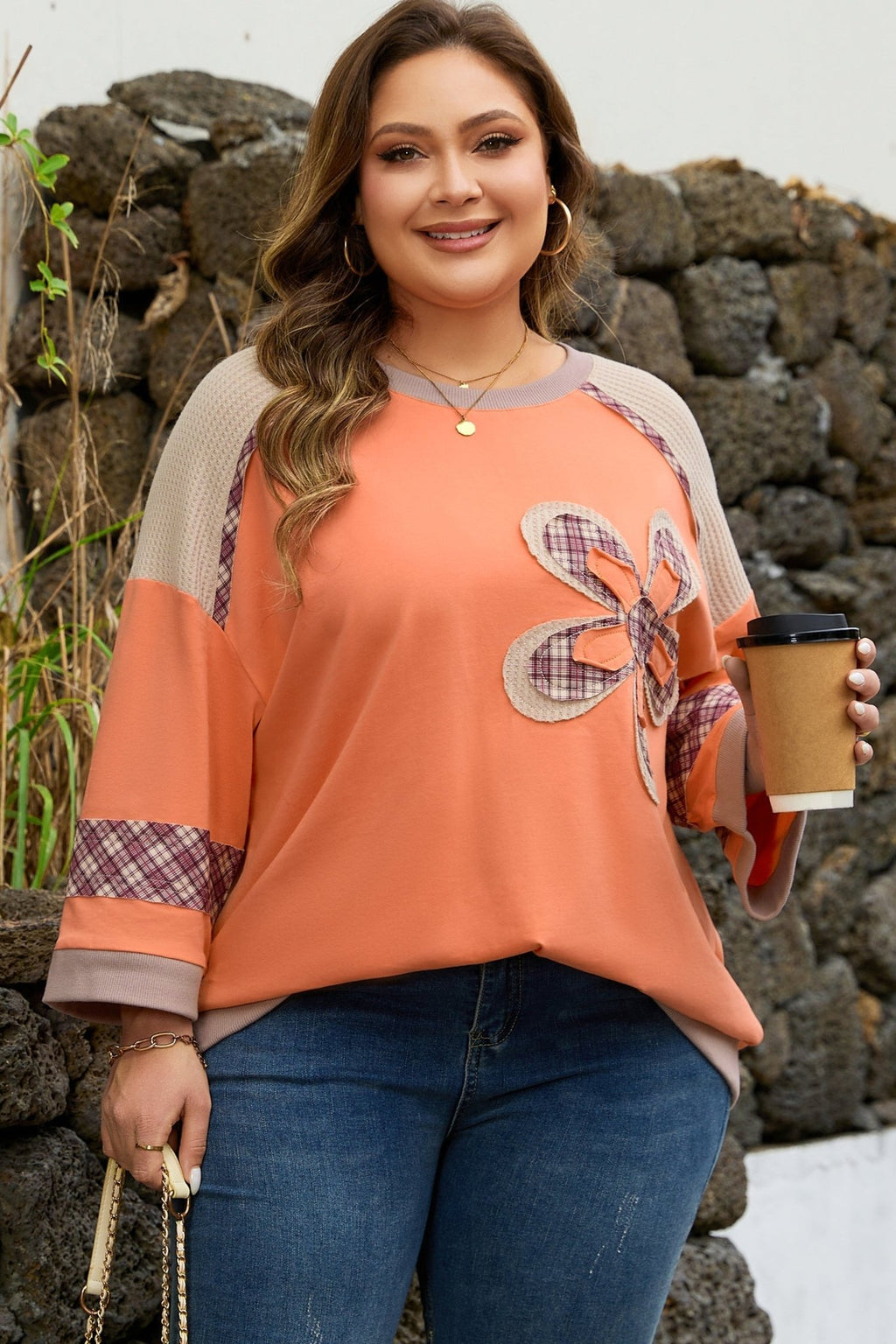 Plus Size Plaid Flower Patchwork 3/4 Sleeve Top - Rooted & Reckless Co.