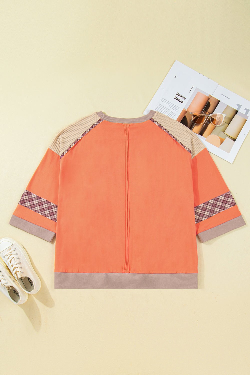 Plus Size Plaid Flower Patchwork 3/4 Sleeve Top - Rooted & Reckless Co.