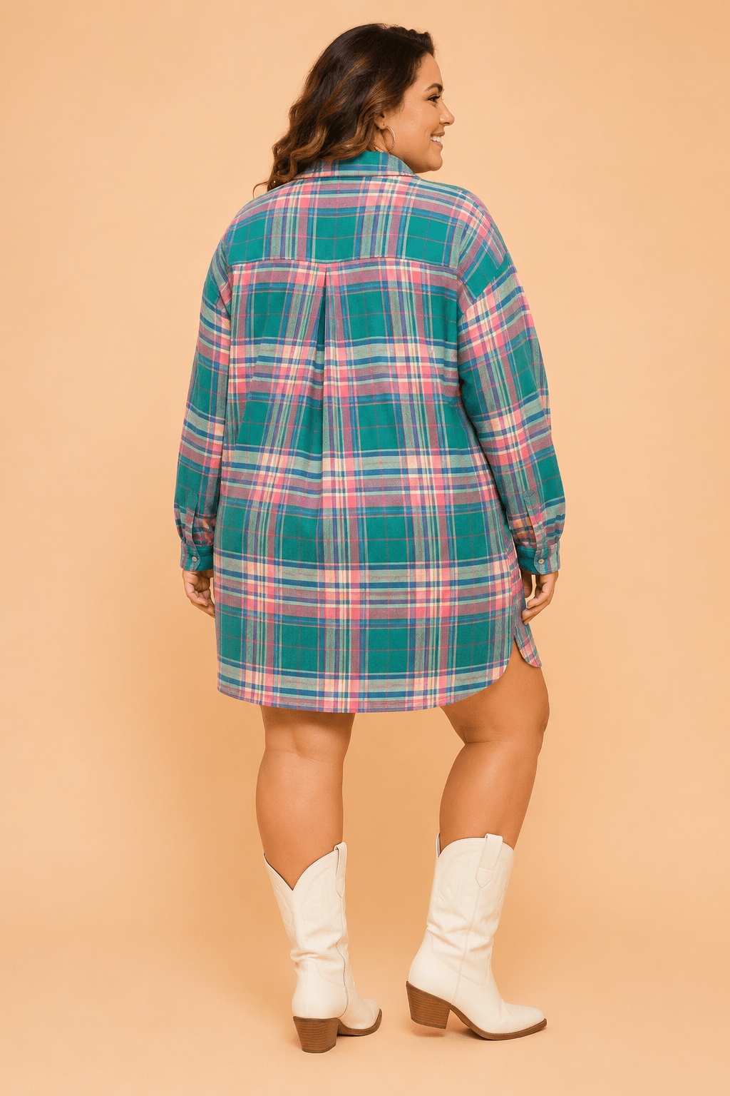 Plus Size Plaid Long Sleeve Buttoned Shirt Dress - Rooted & Reckless Co.