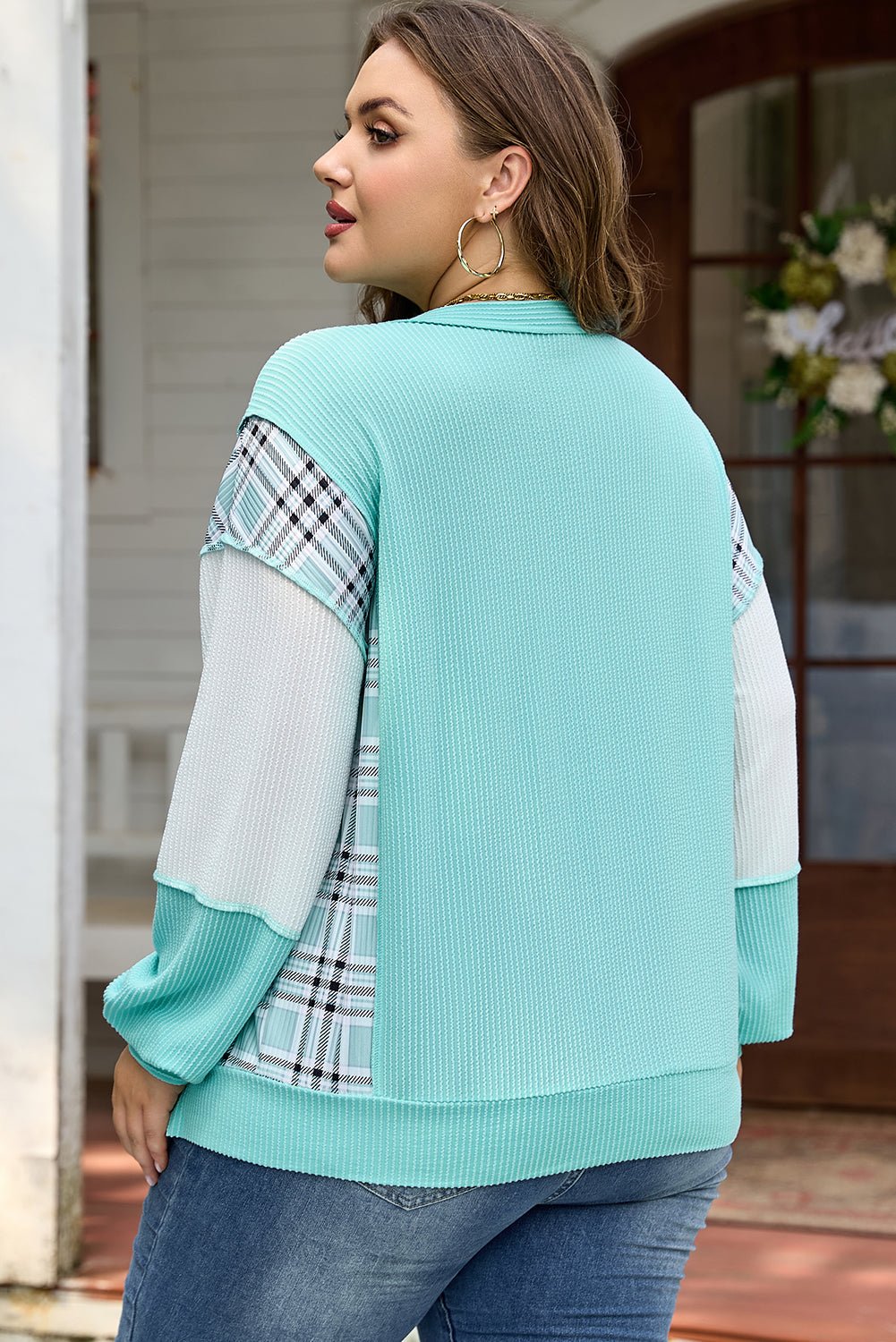 Plus Size Plaid Patchwork Corded Knit Long Sleeve Top - Rooted & Reckless Co.