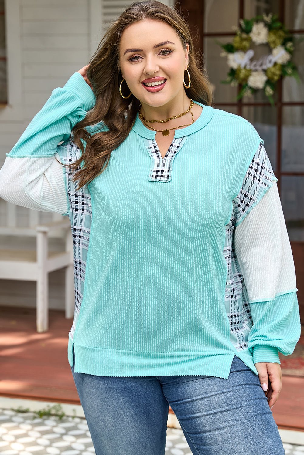 Plus Size Plaid Patchwork Corded Knit Long Sleeve Top - Rooted & Reckless Co.