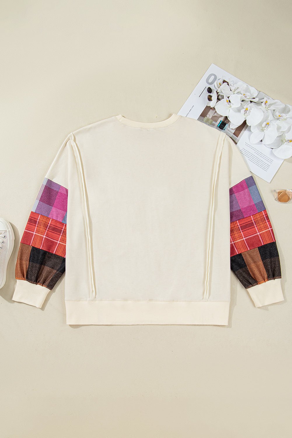Plus Size Plaid Patchwork Long Sleeve Exposed Seam Top - Rooted & Reckless Co.