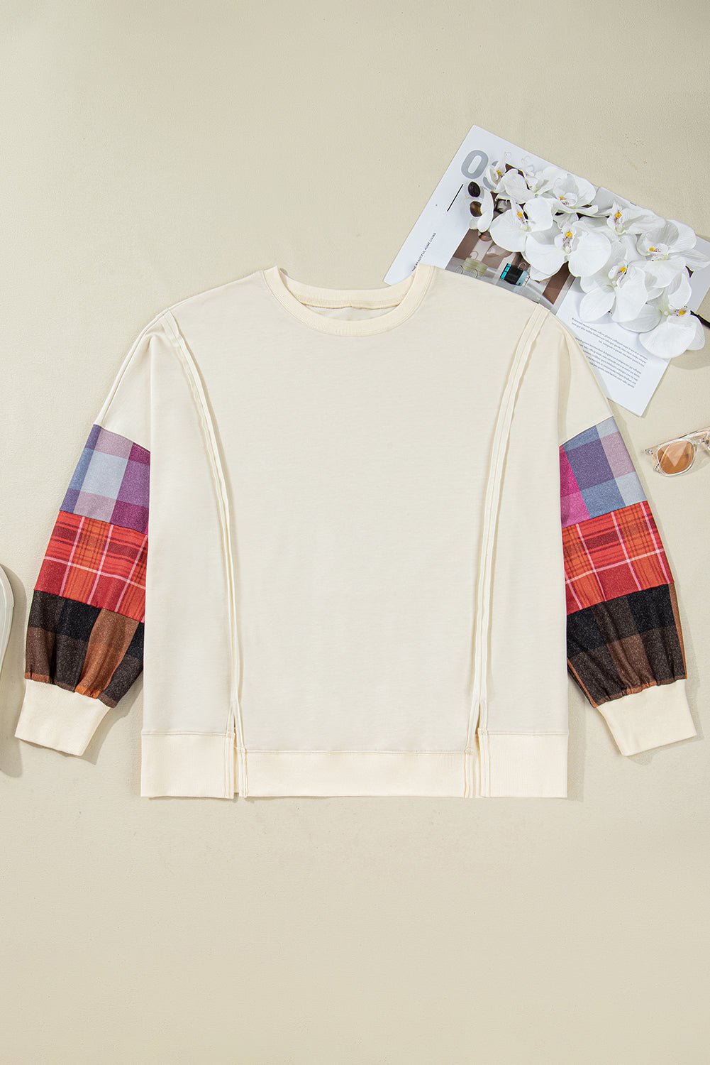 Plus Size Plaid Patchwork Long Sleeve Exposed Seam Top - Rooted & Reckless Co.