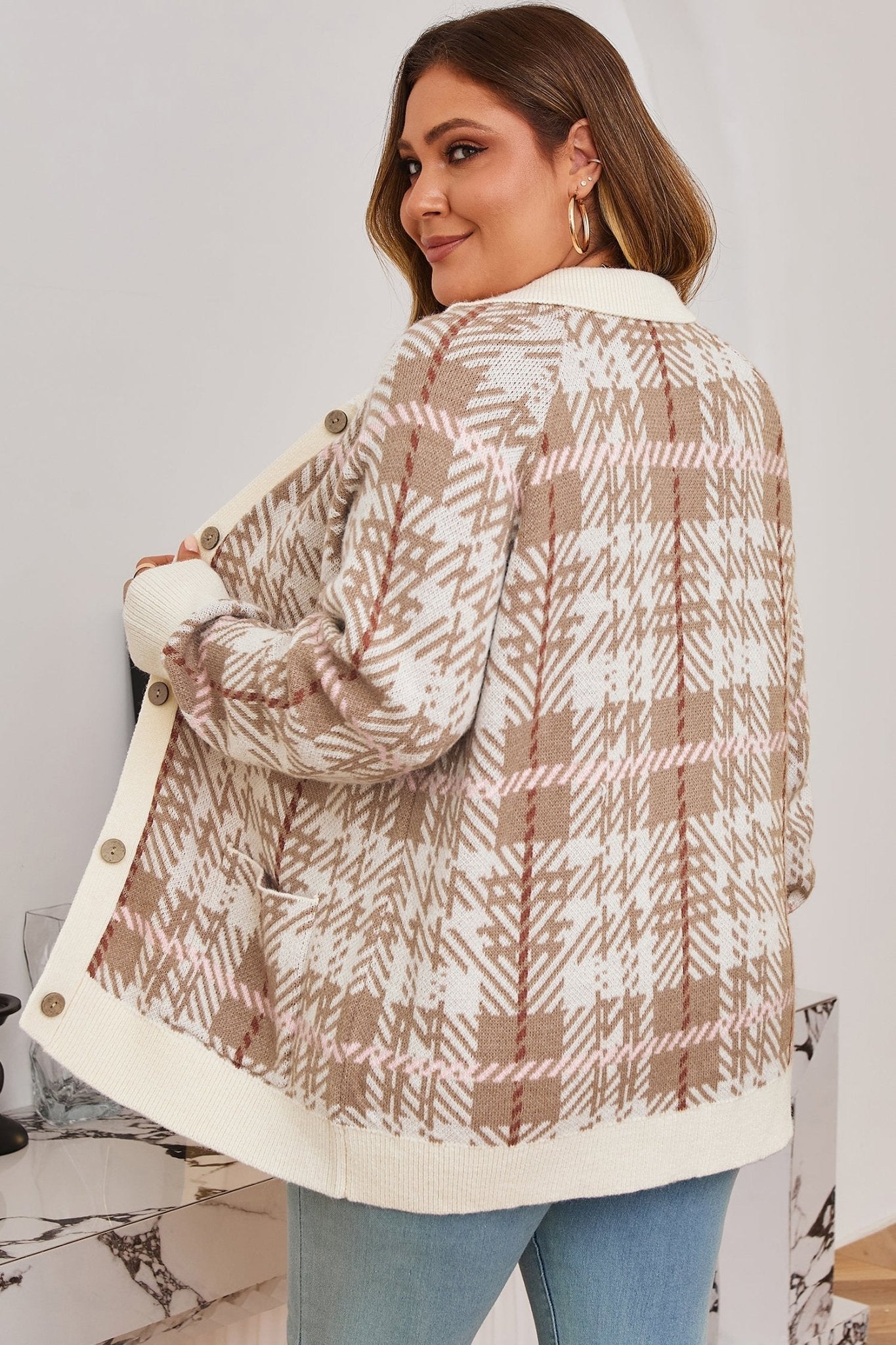 Plus Size Plaid Ribbed Trim Button Front Cardigan - Rooted & Reckless Co.