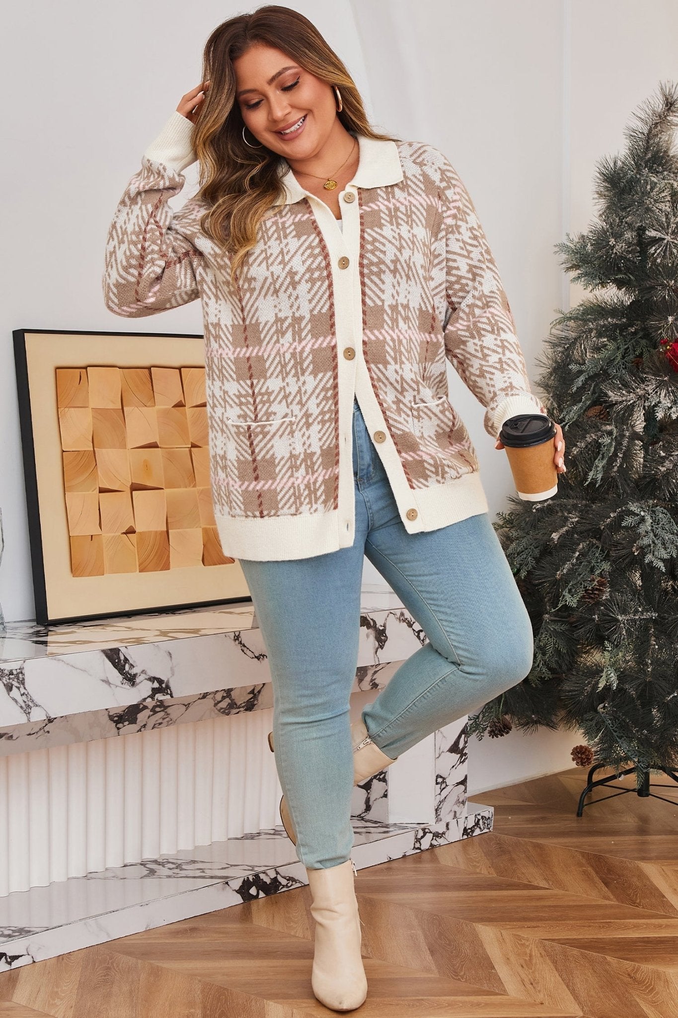 Plus Size Plaid Ribbed Trim Button Front Cardigan - Rooted & Reckless Co.