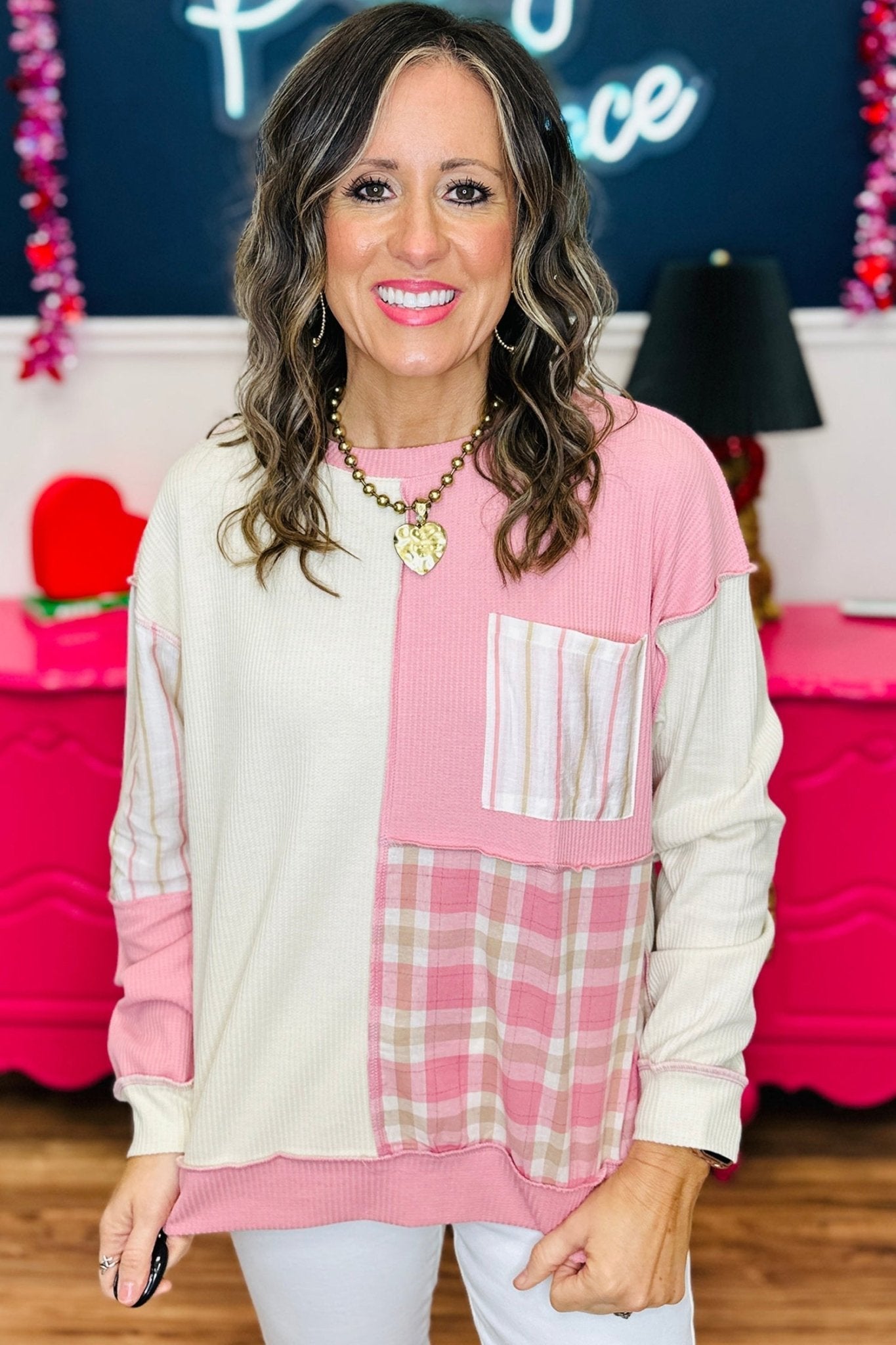 Plus Size Plaid Stripe Patchwork Long Sleeve Blouse - Rooted & Reckless Co.
