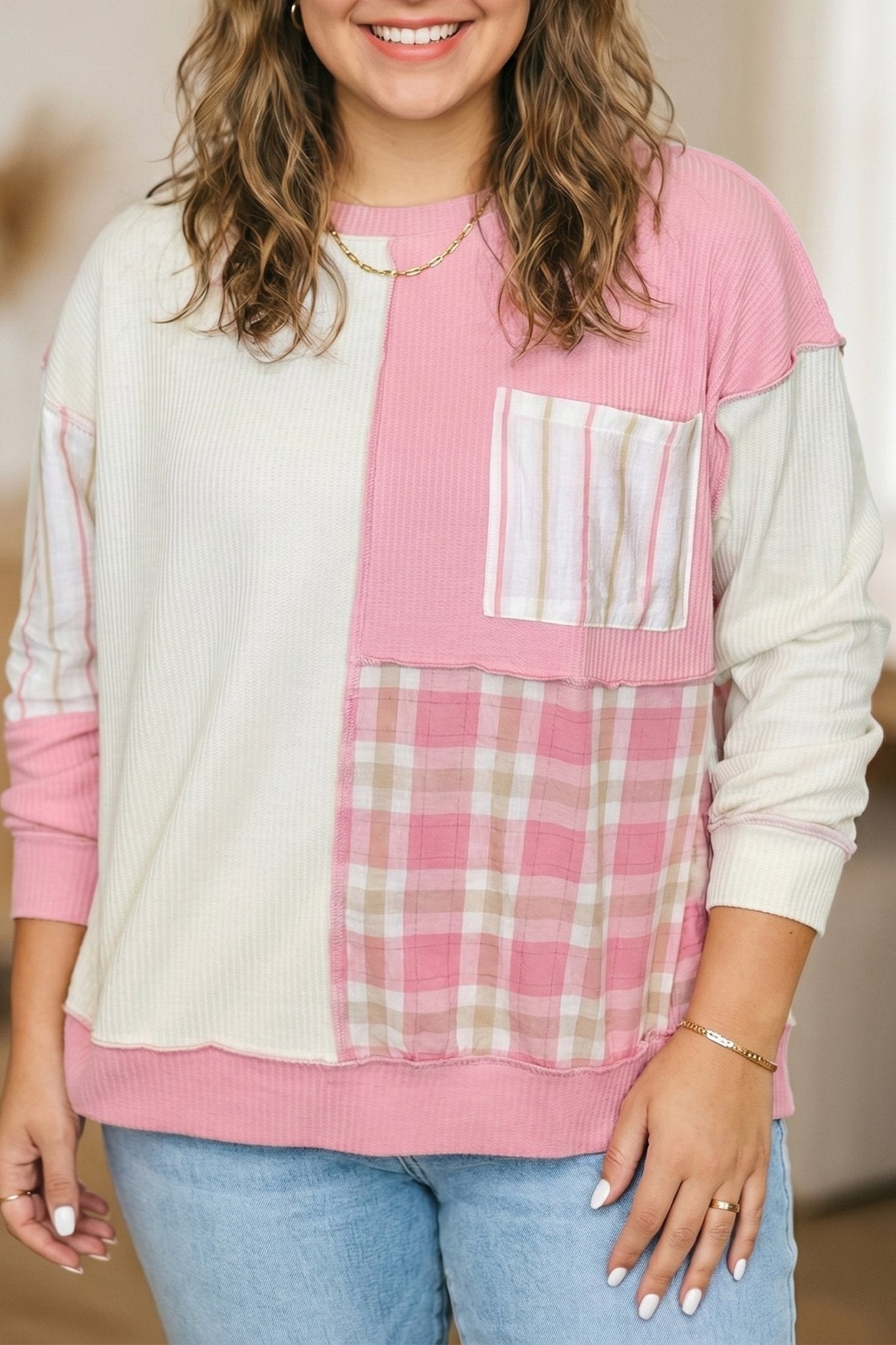 Plus Size Plaid Stripe Patchwork Long Sleeve Blouse - Rooted & Reckless Co.