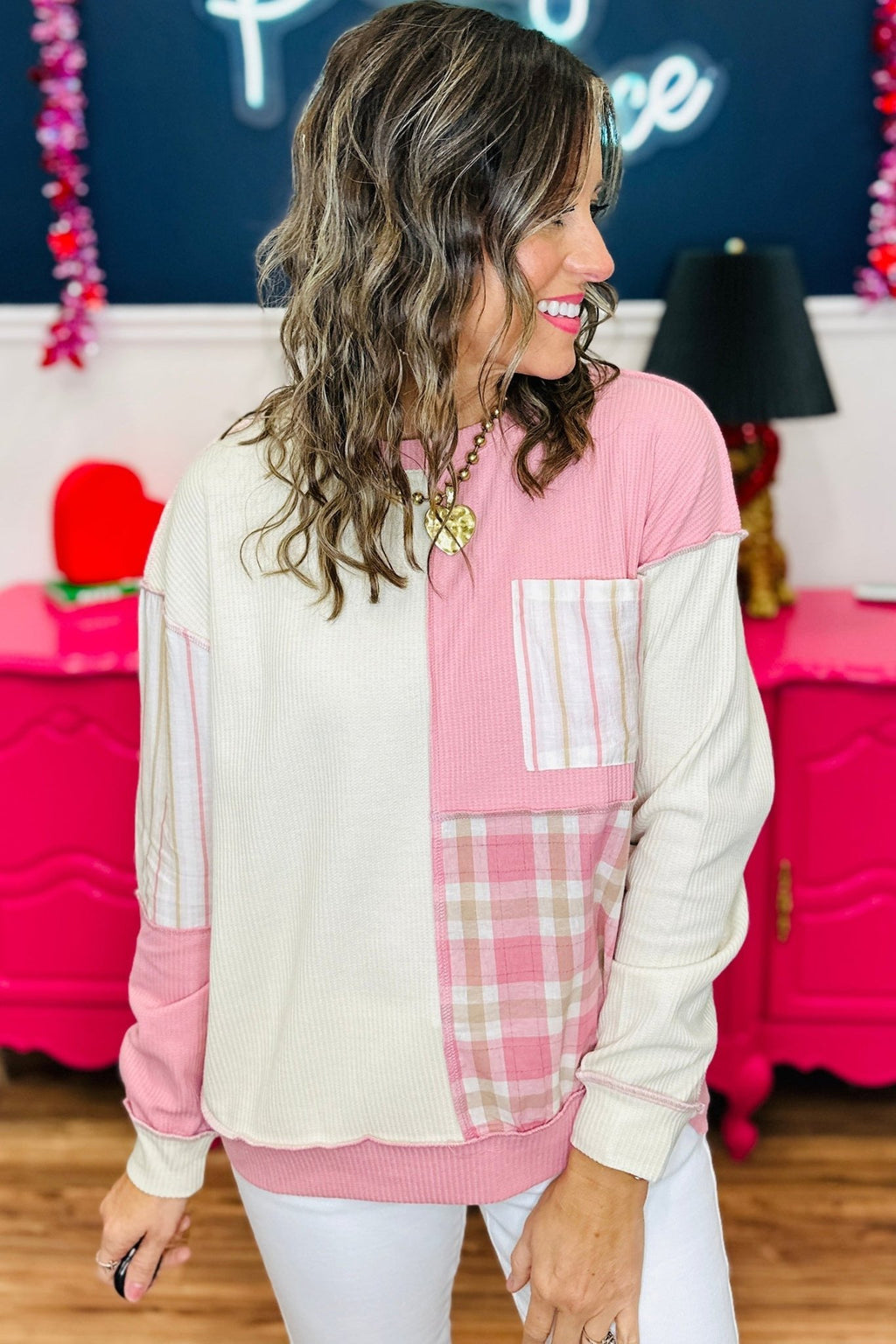Plus Size Plaid Stripe Patchwork Long Sleeve Blouse - Rooted & Reckless Co.