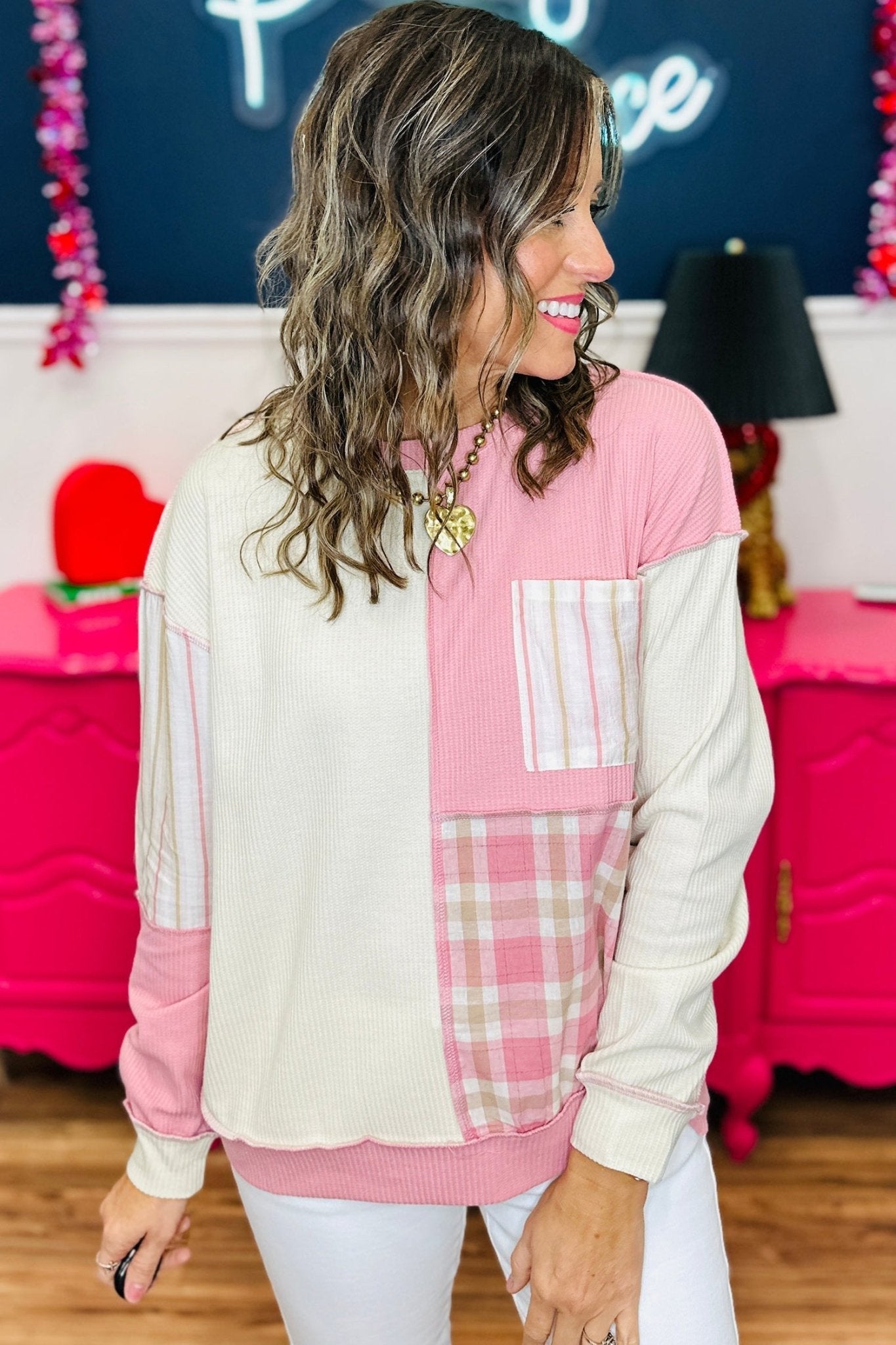 Plus Size Plaid Stripe Patchwork Long Sleeve Blouse - Rooted & Reckless Co.