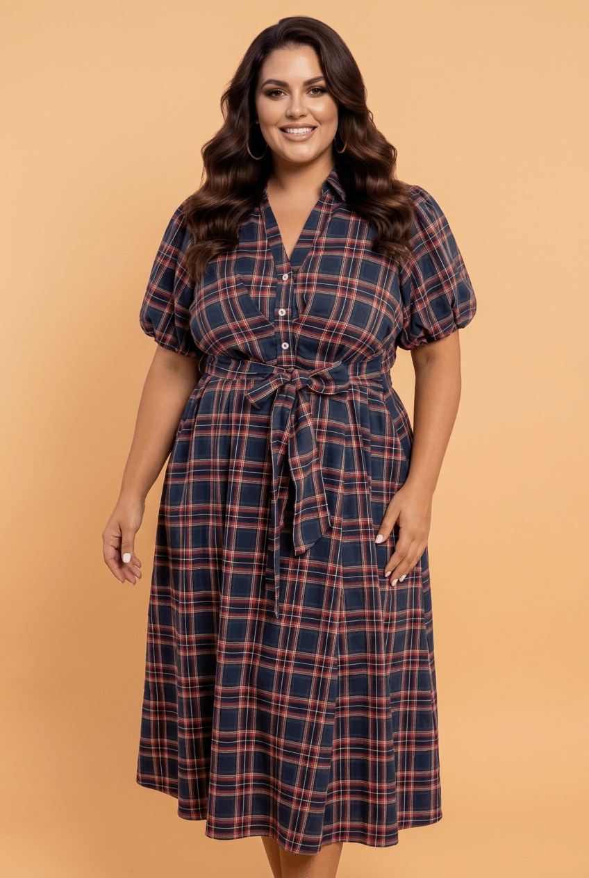 Plus Size Plaid V-Neck Belted Waist Short Sleeve Dress - Rooted & Reckless Co.