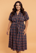 Plus Size Plaid V-Neck Belted Waist Short Sleeve Dress - Rooted & Reckless Co.