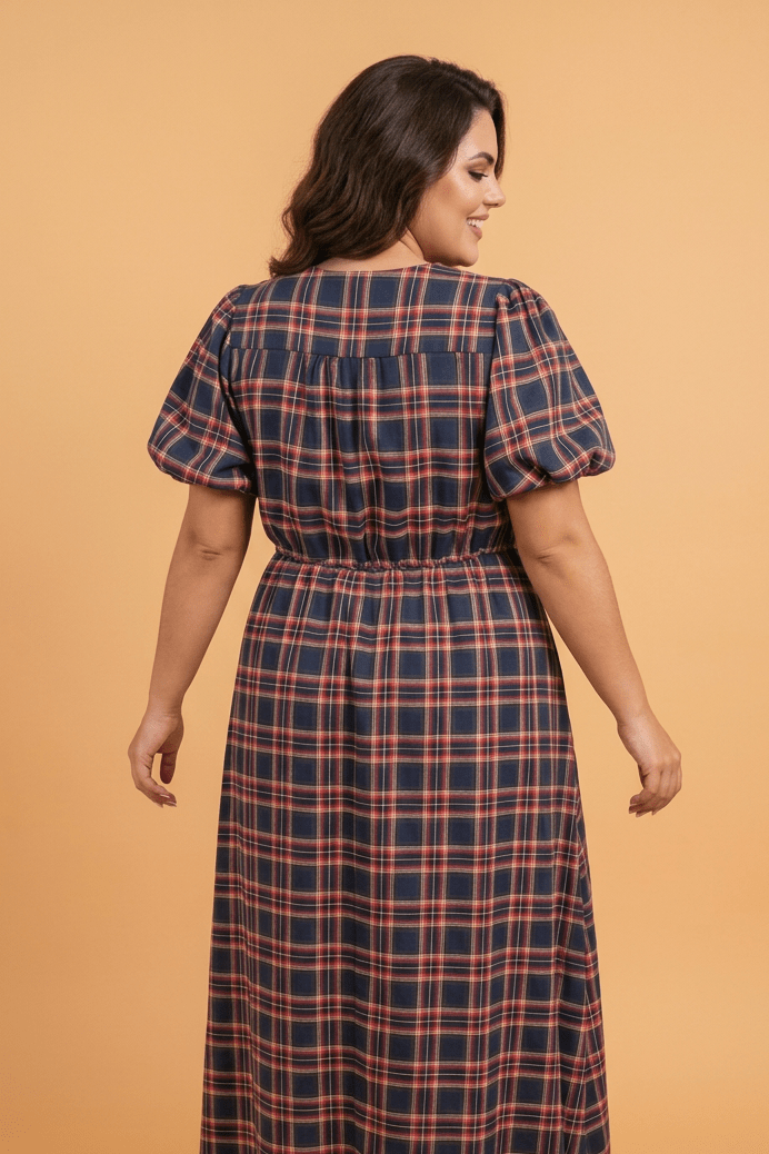 Plus Size Plaid V-Neck Belted Waist Short Sleeve Dress - Rooted & Reckless Co.