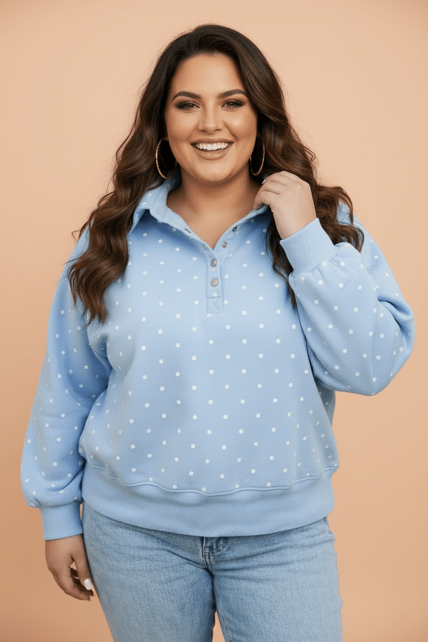 Plus Size Polka Dot Buttoned V-Neck Long Sleeve Sweatshirt - Rooted & Reckless Co.