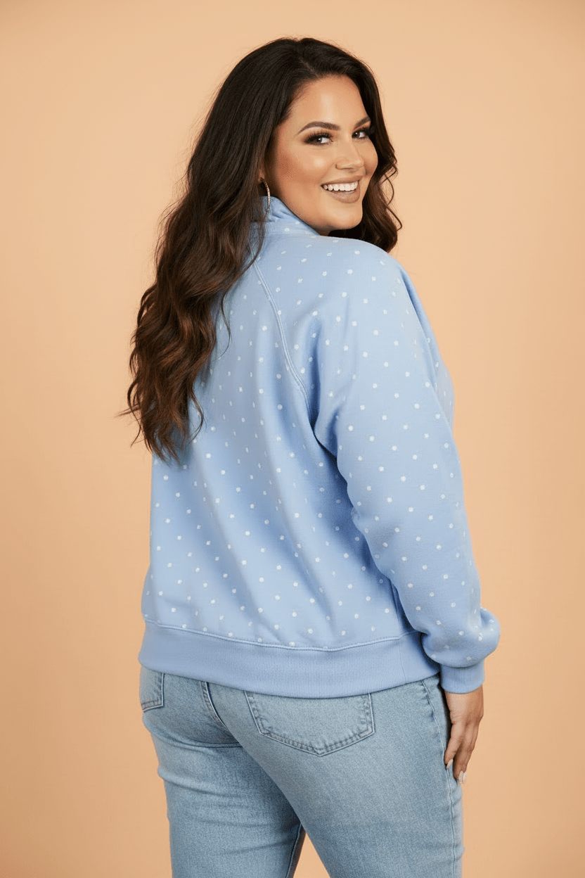 Plus Size Polka Dot Buttoned V-Neck Long Sleeve Sweatshirt - Rooted & Reckless Co.