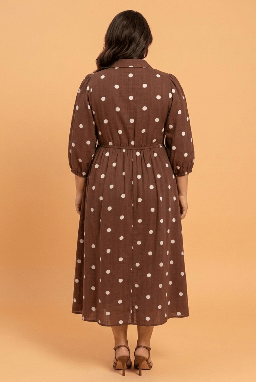 Plus Size Polka Dot Collared V-Neck Pocketed Midi Dress - Rooted & Reckless Co.