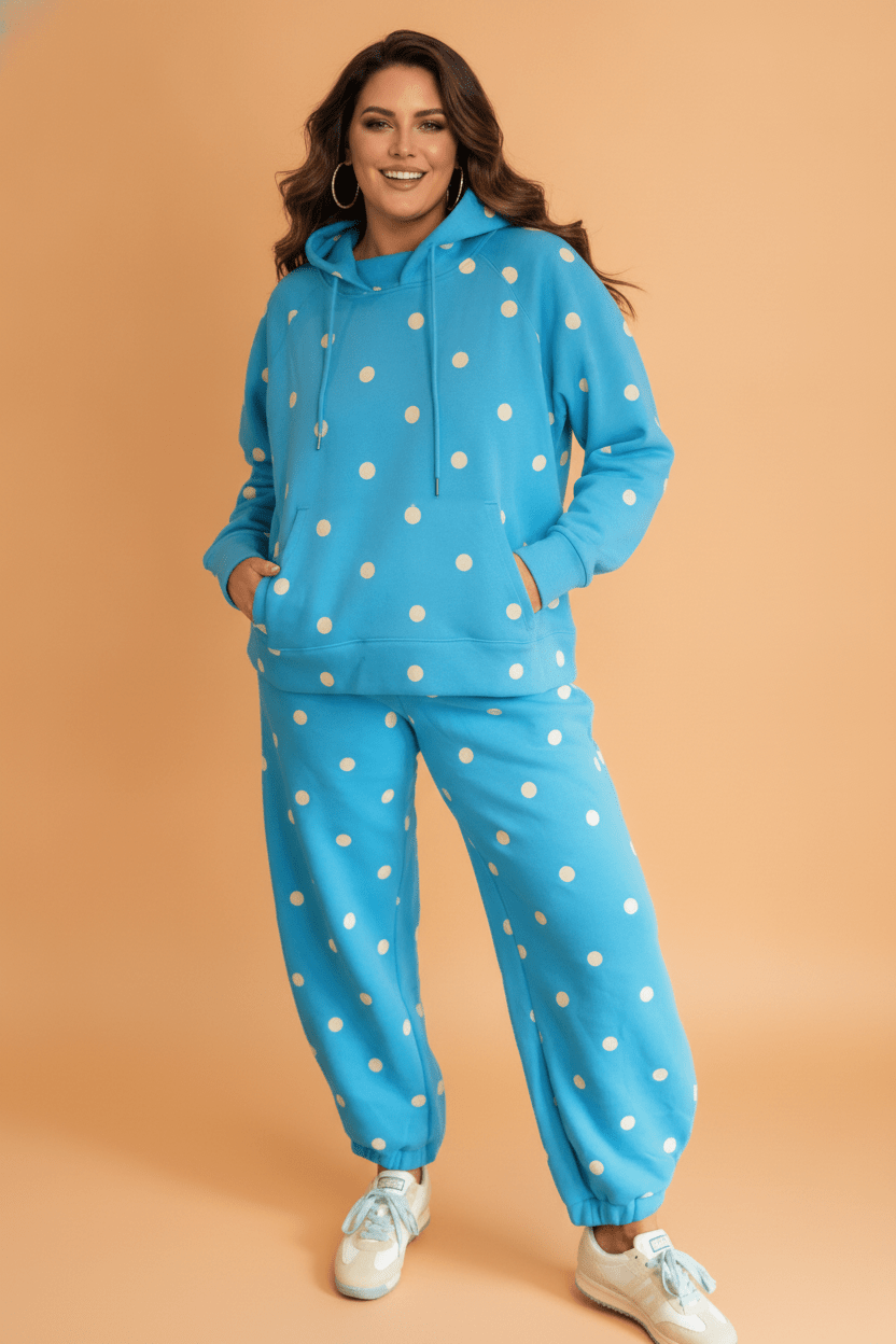 Plus Size Polka Dot Drawstring Hoodie & Pants Set - Rooted & Reckless Co.