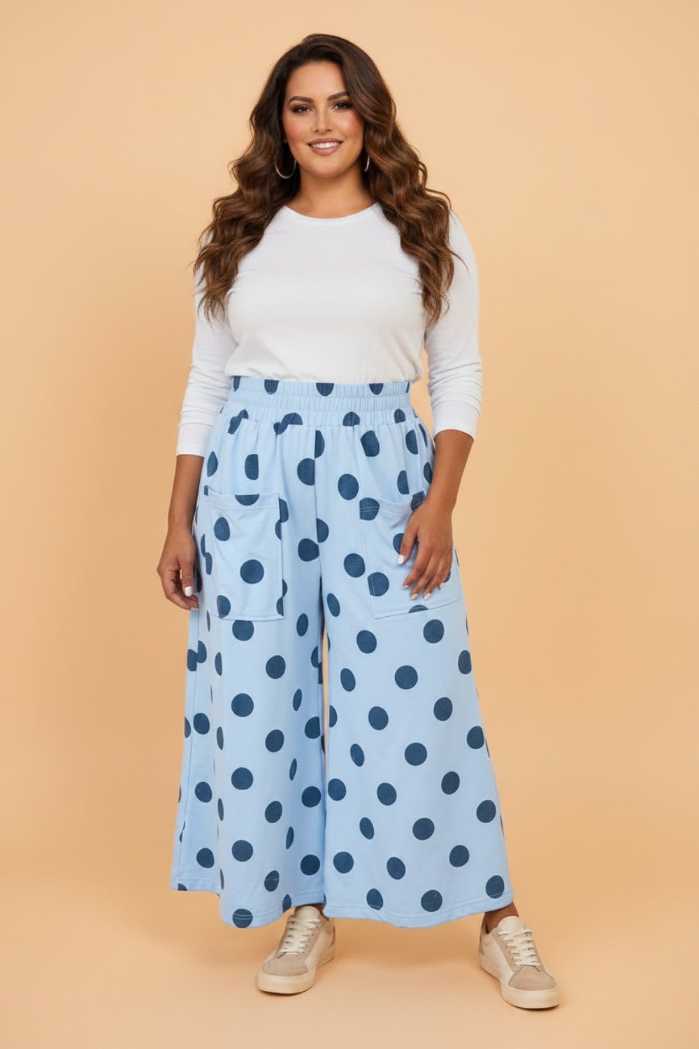 Plus Size Polka Dot Elastic Waist Wide Leg Pants - Rooted & Reckless Co.