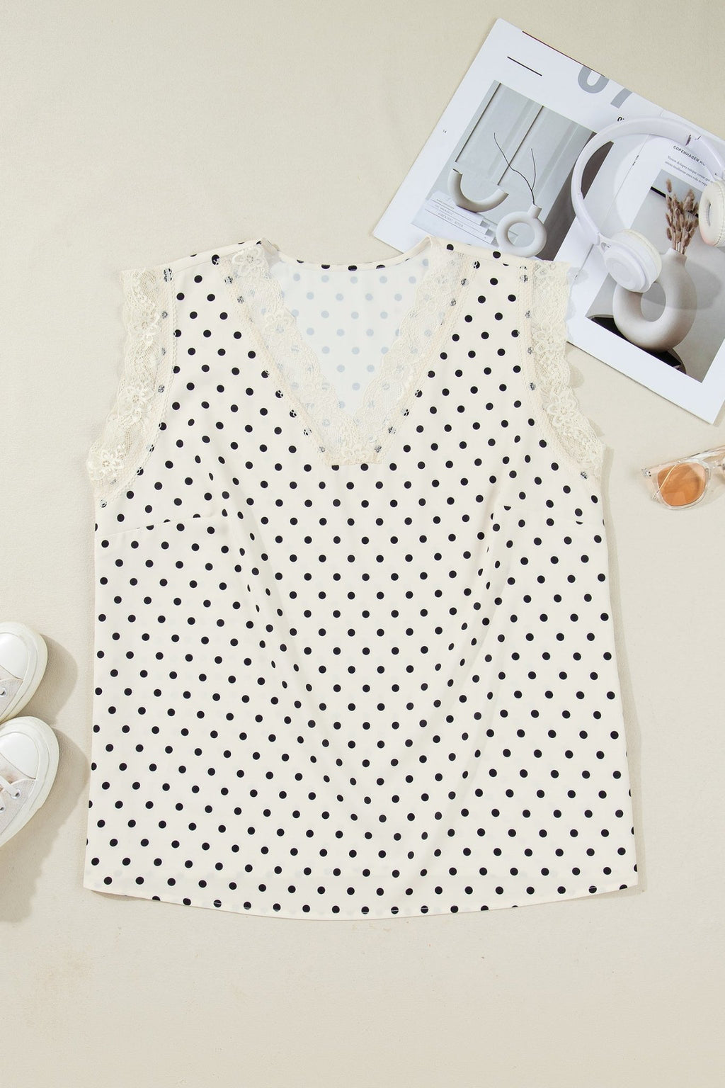 Plus Size Polka Dot Lace V-Neck Sleeveless Top - Rooted & Reckless Co.