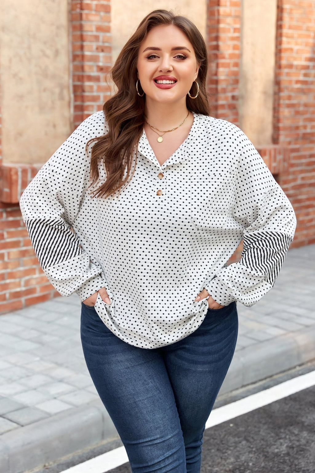Plus Size Polka Dot Stripe Patchwork Henley Top - Rooted & Reckless Co.