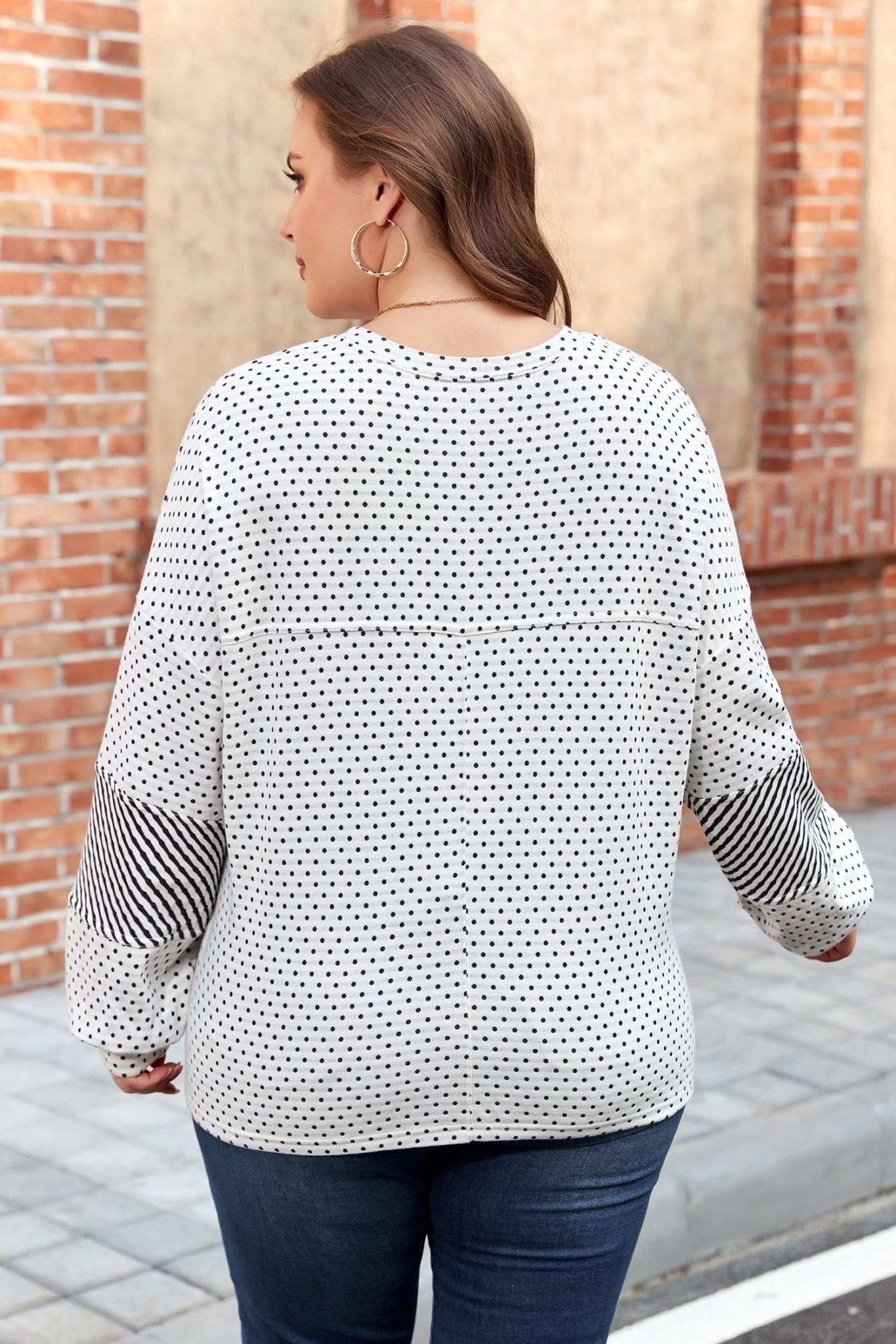 Plus Size Polka Dot Stripe Patchwork Henley Top - Rooted & Reckless Co.