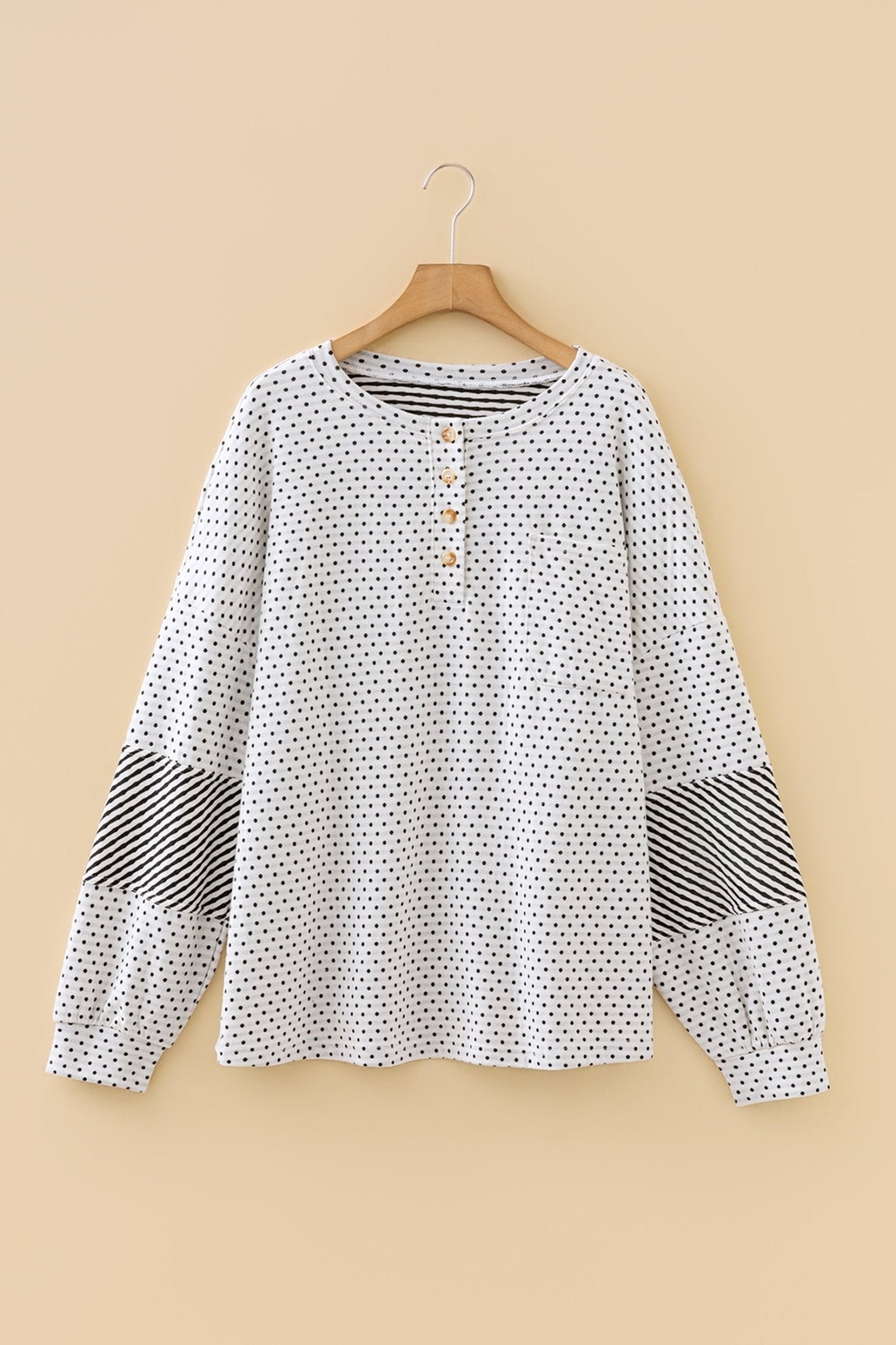 Plus Size Polka Dot Stripe Patchwork Henley Top - Rooted & Reckless Co.