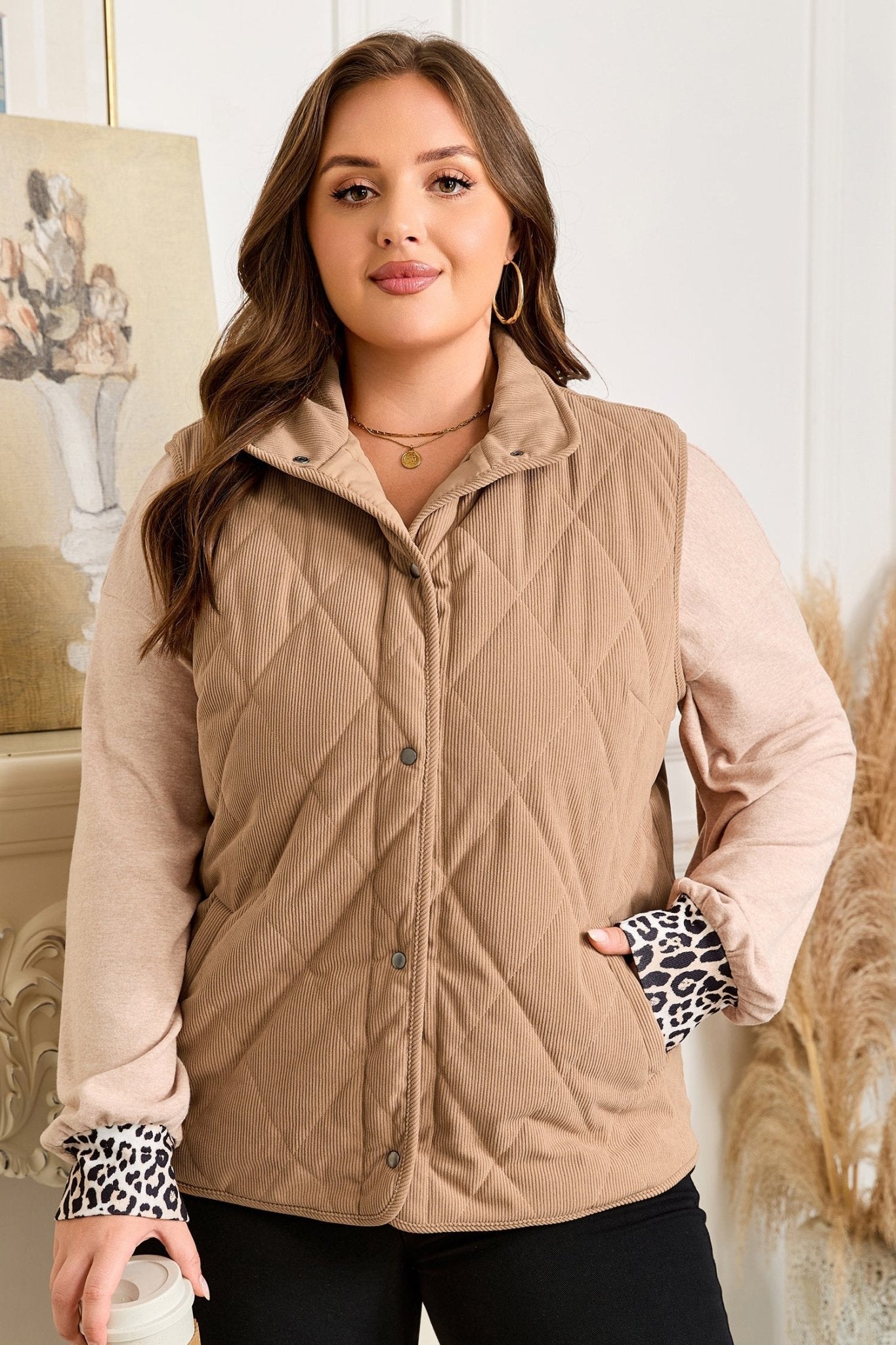 Plus Size Quilted Corduroy Snap Button Vest Jacket - Rooted & Reckless Co.