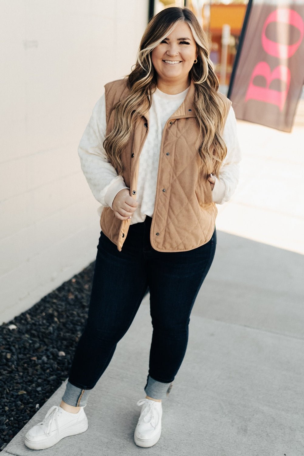 Plus Size Quilted Corduroy Snap Button Vest Jacket - Rooted & Reckless Co.