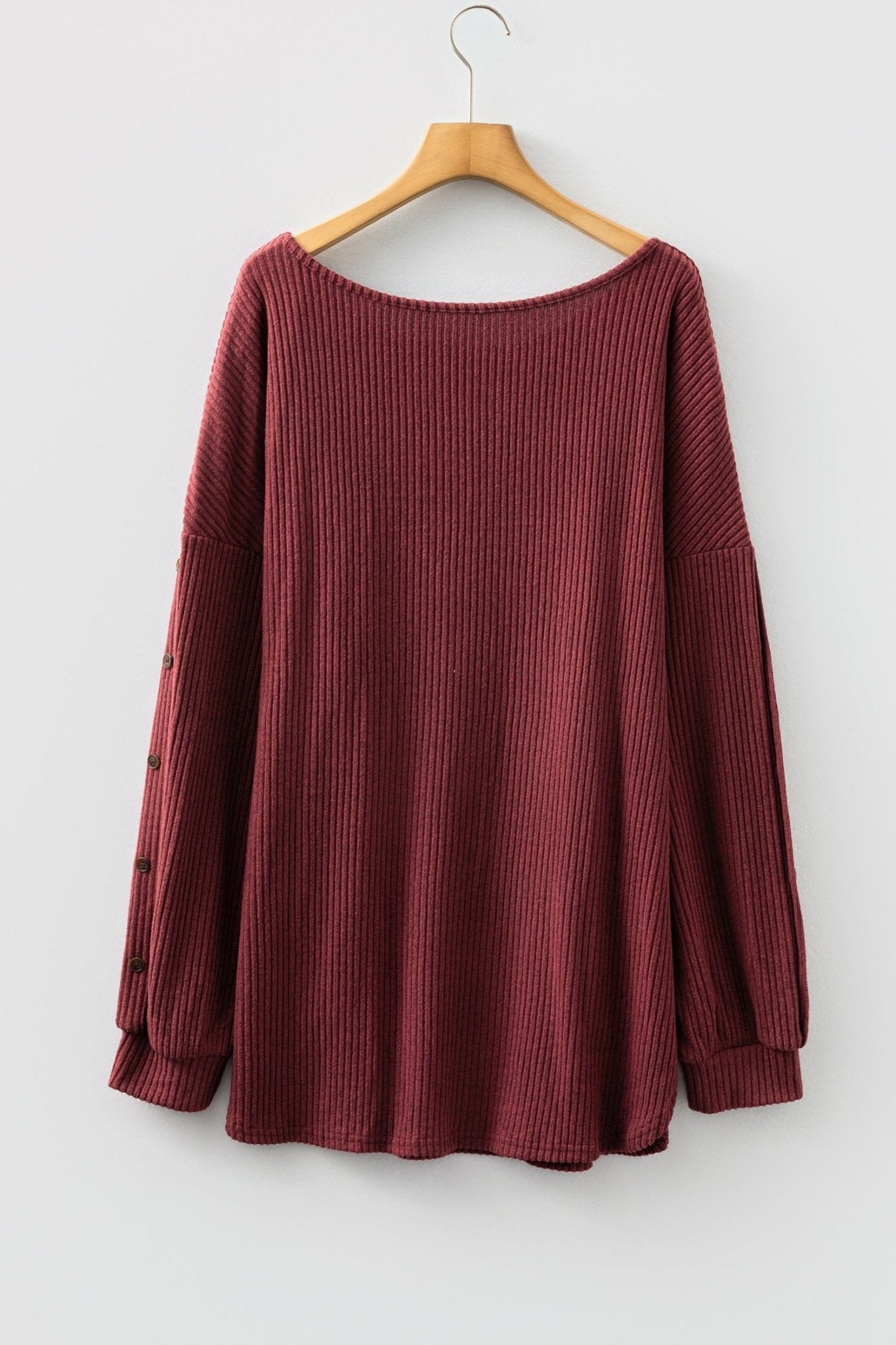 Plus Size Ribbed Button Decor Long Sleeve Top - Rooted & Reckless Co.