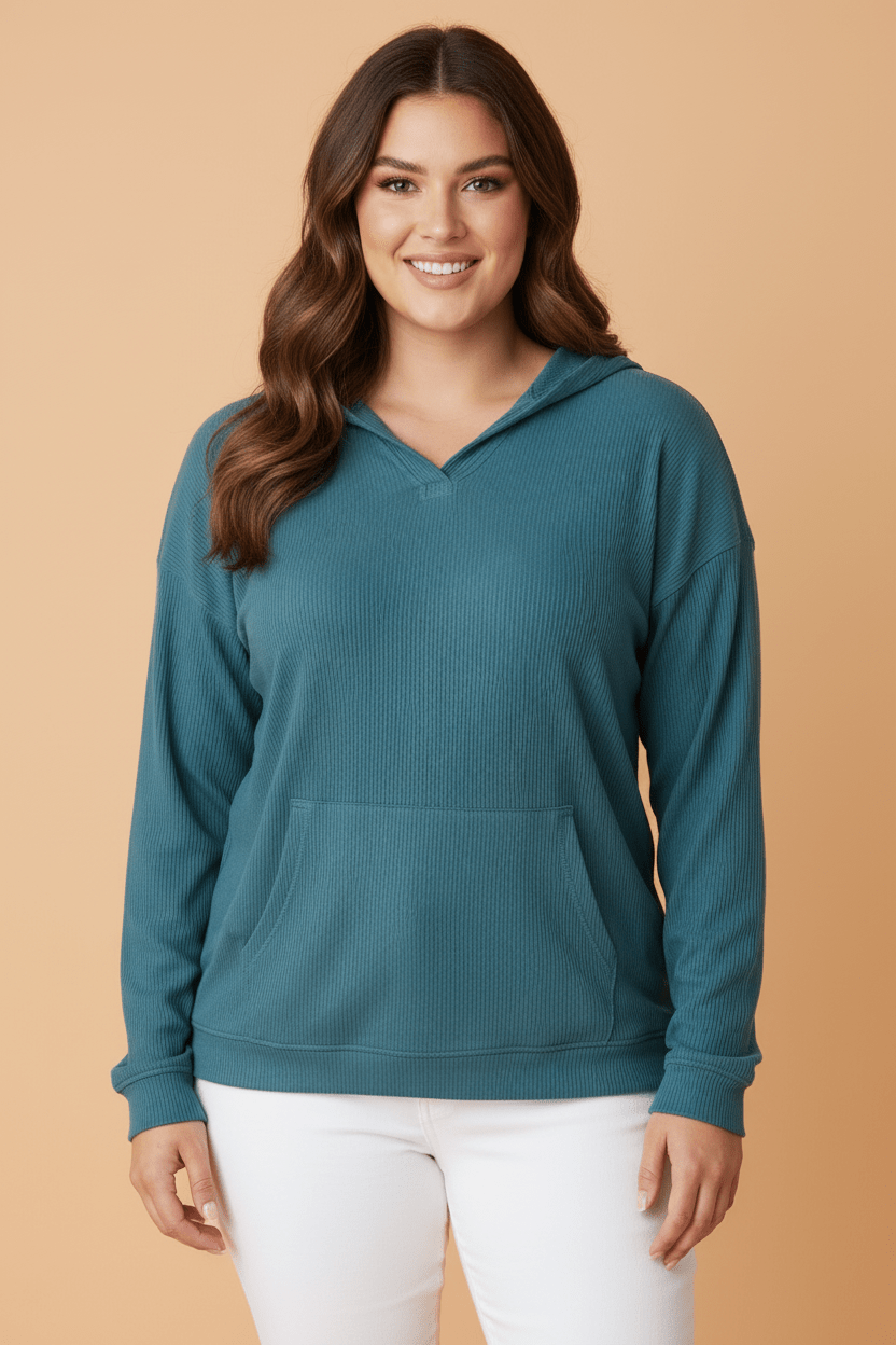 Plus Size Ribbed Drop Shoulder Long Sleeve Hooded Sweatshirt - Rooted & Reckless Co.