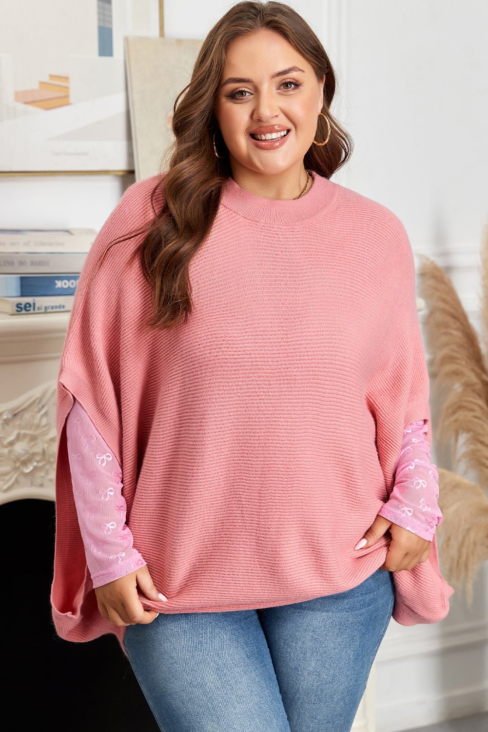 Plus Size Ribbed Knit Crewneck Poncho Sweater - Rooted & Reckless Co.